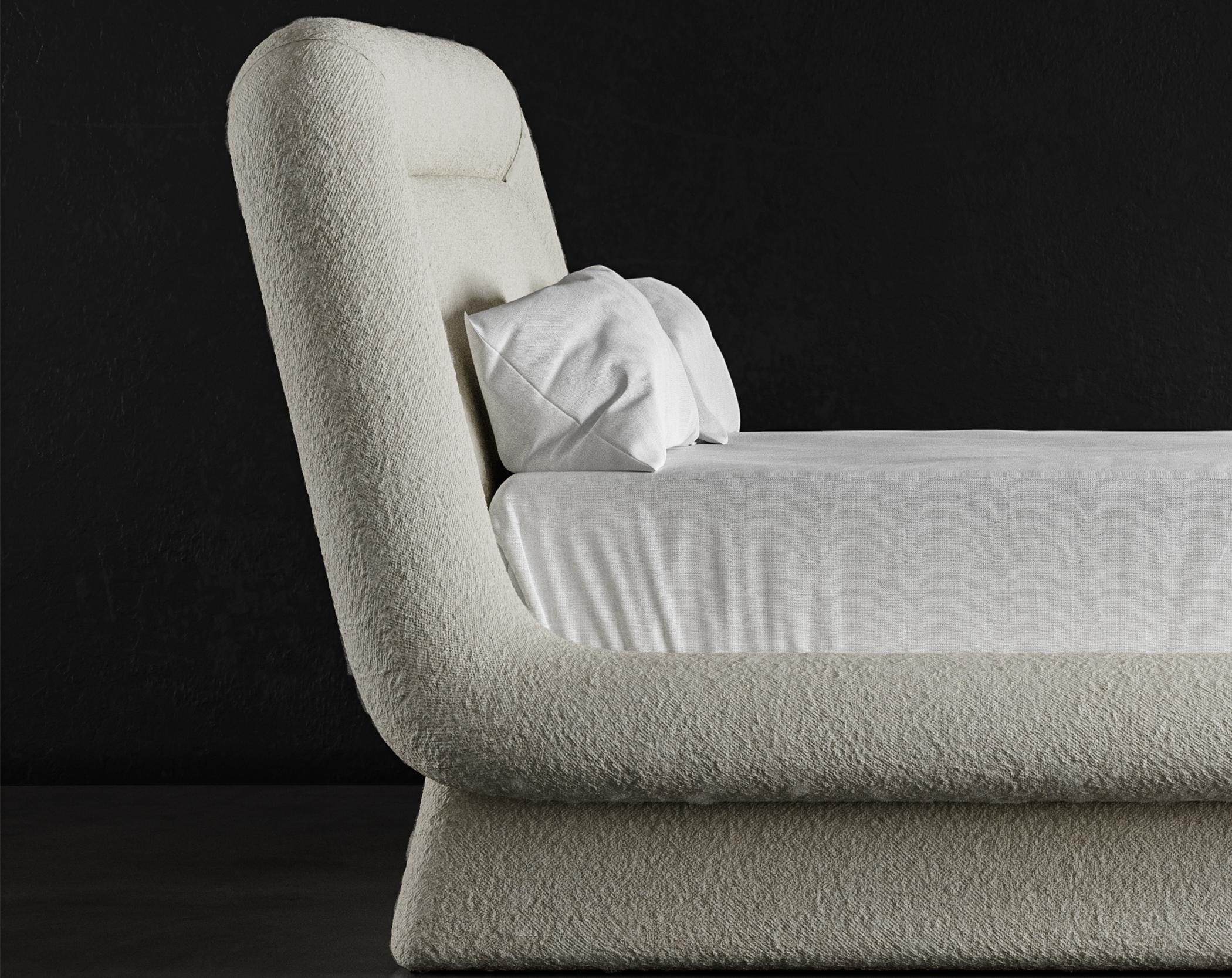 Modernes Wave-Bett aus Cloud-Boucle in warmem Weiß (Polster) im Angebot
