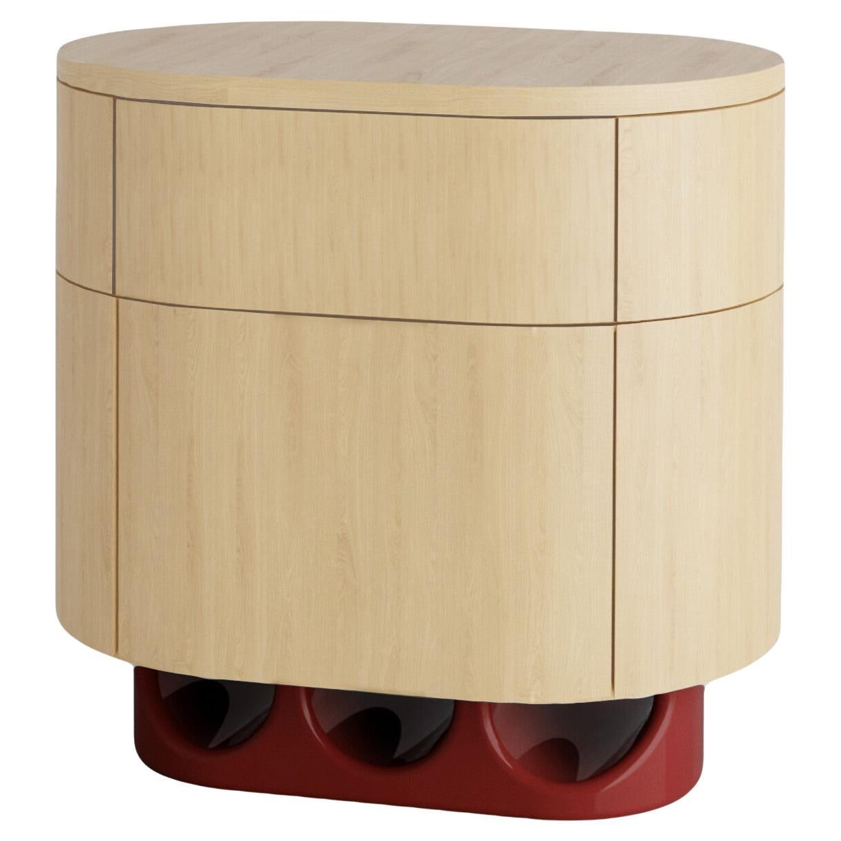 Wave Bedside table in Natural Oak and Wine Lacquered wood For Sale