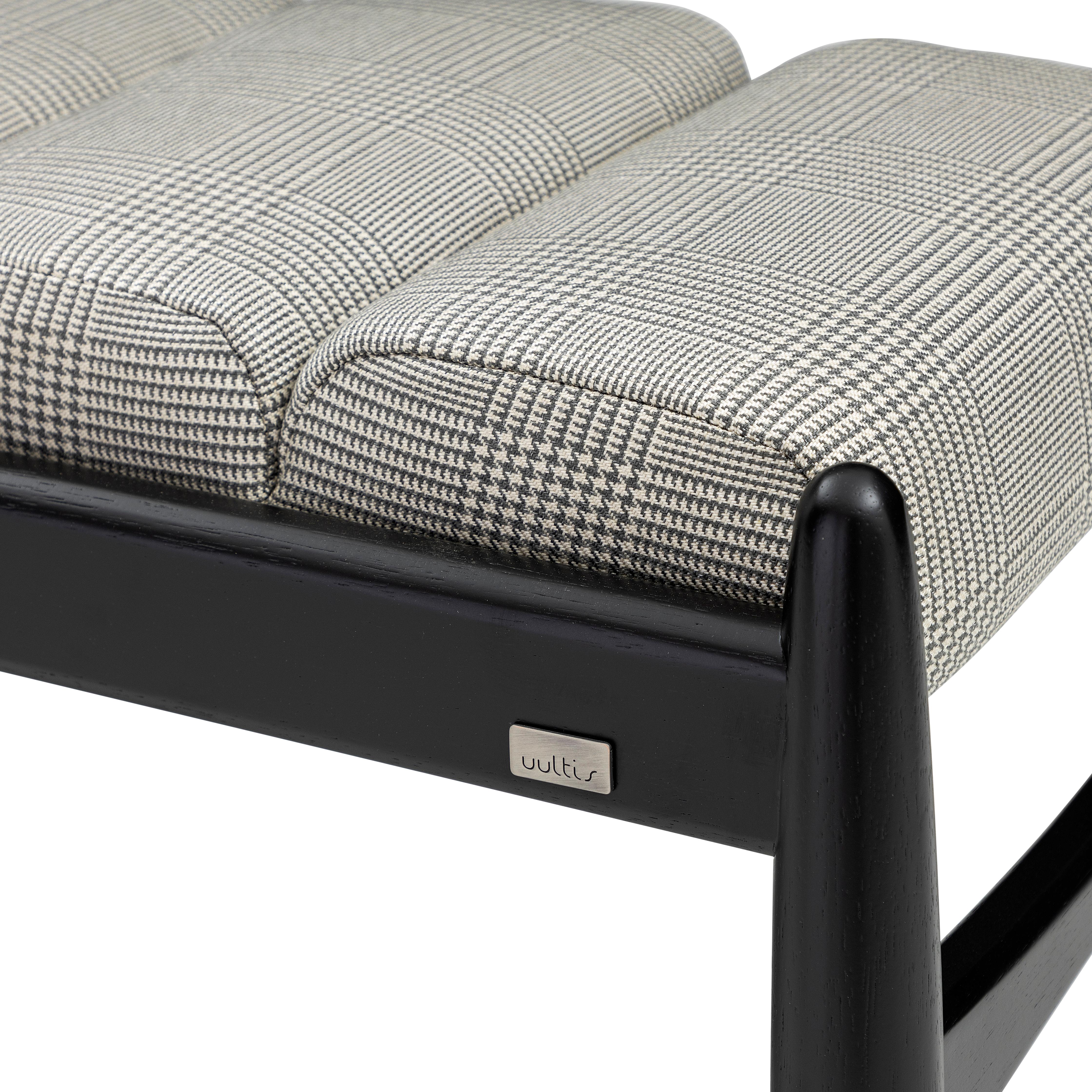 Wave Bench in Black Wood Finish and Plaid Fabric In New Condition For Sale In Miami, FL