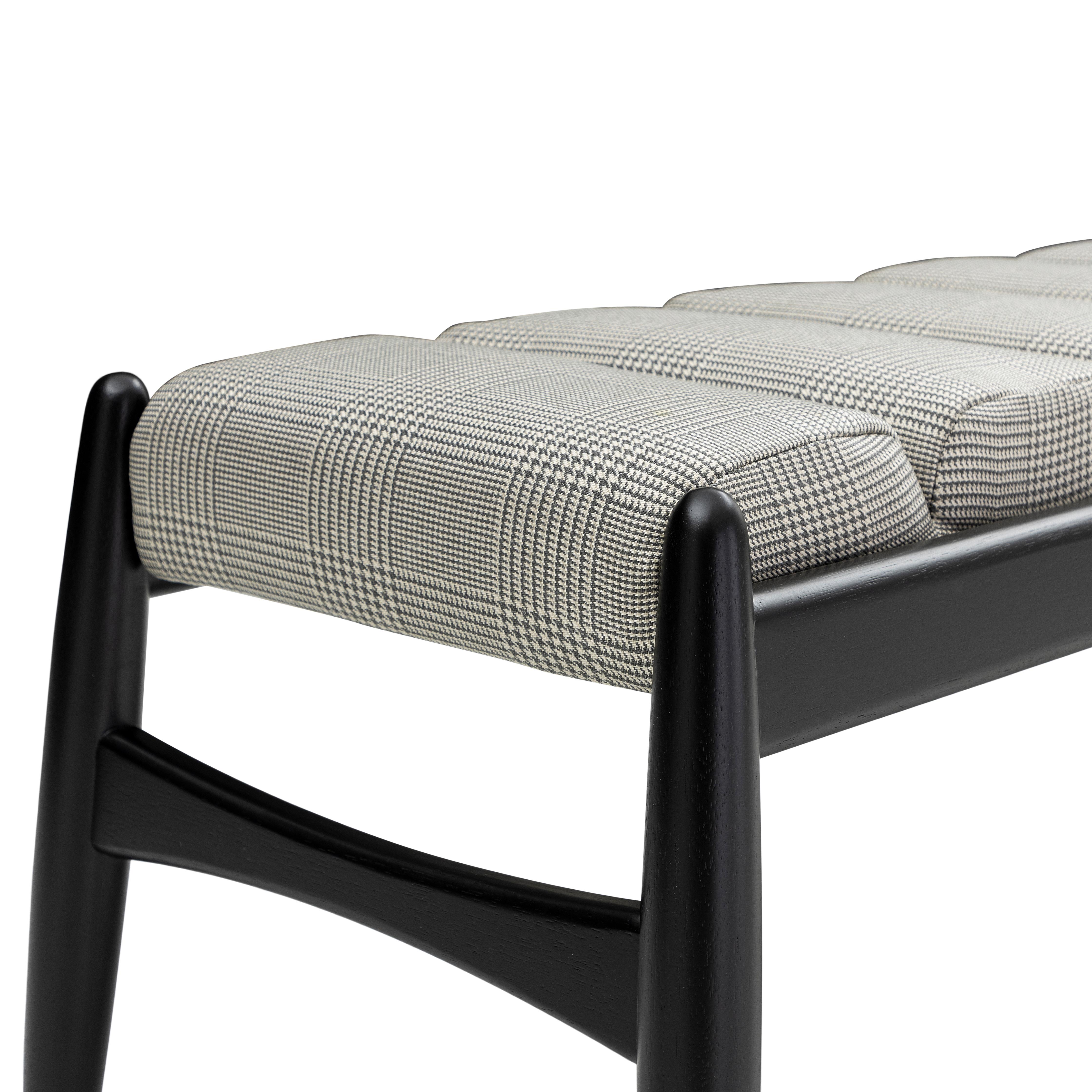Contemporary Wave Bench in Black Wood Finish and Plaid Fabric For Sale
