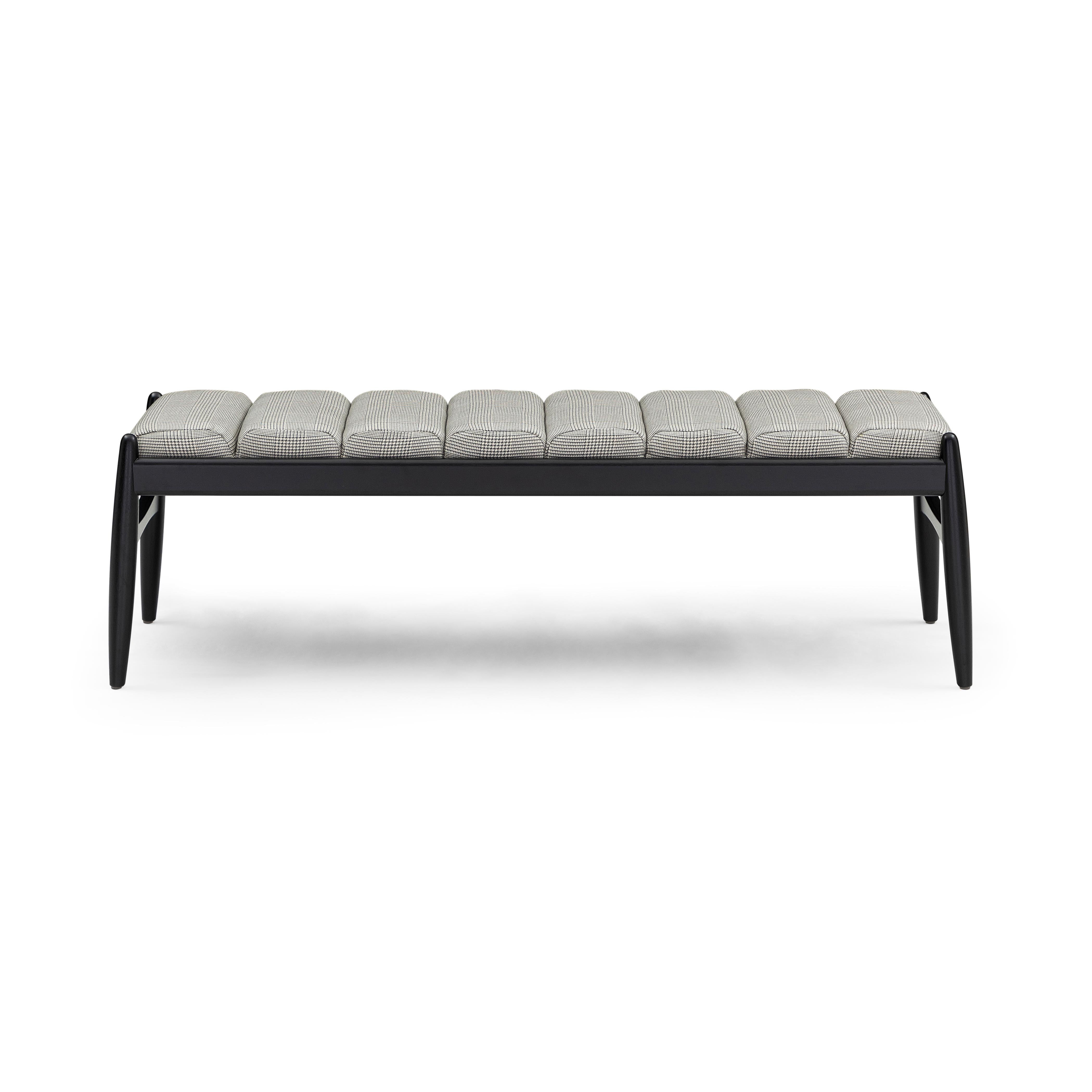 Wave Bench in Black Wood Finish and Plaid Fabric For Sale 1