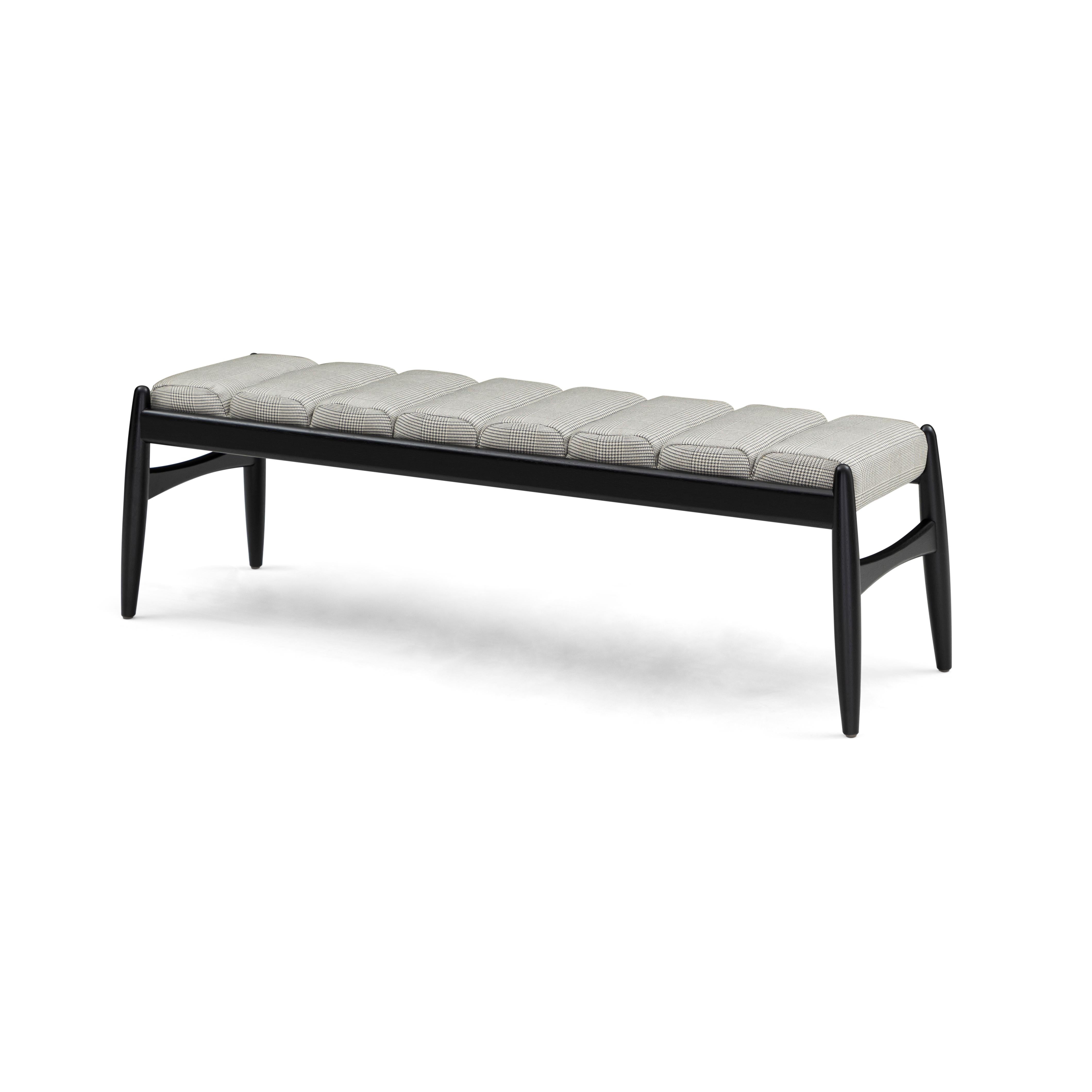 Wave Bench in Black Wood Finish and Plaid Fabric For Sale 2