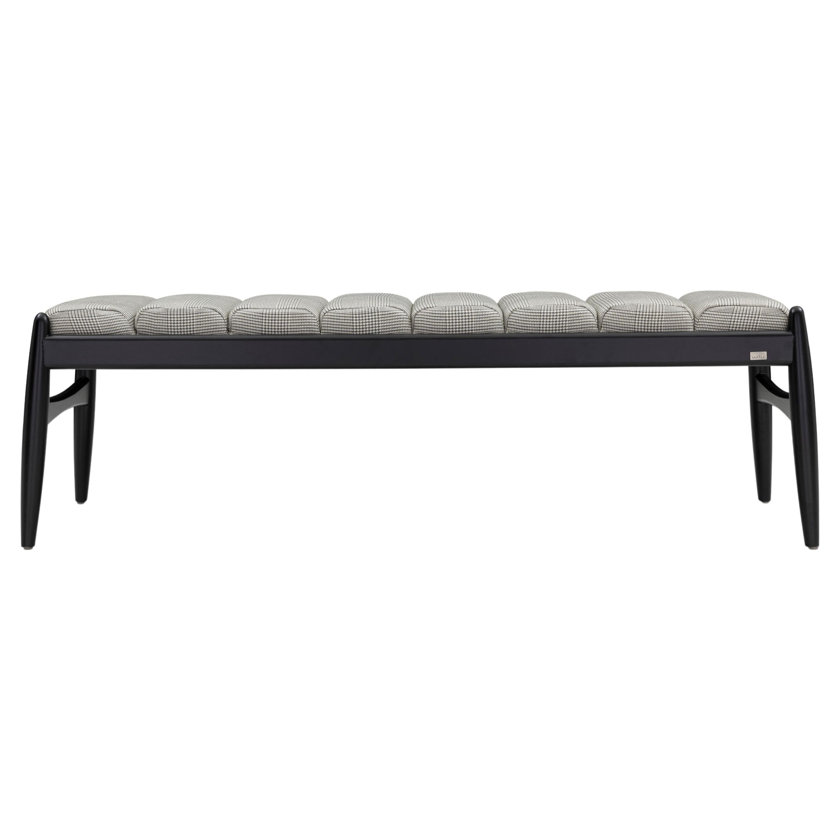 Wave Bench in Black Wood Finish and Plaid Fabric For Sale