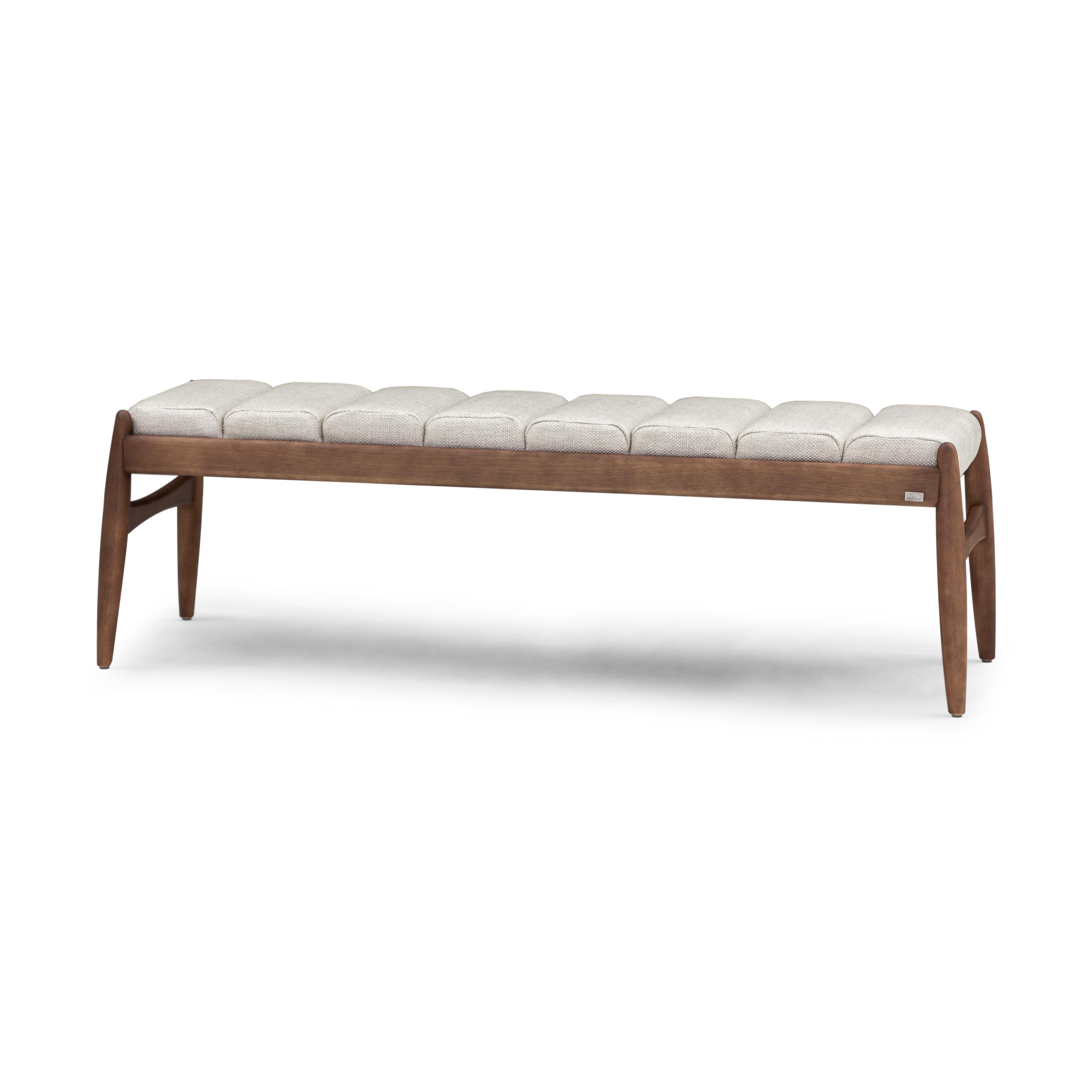 Upholstery Wave Bench in Walnut Wood Finish and Plaid Fabric For Sale
