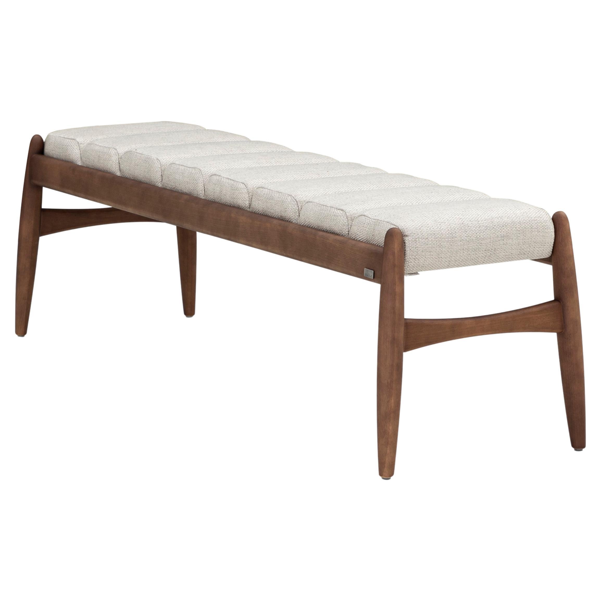 Wave Bench in Walnut Wood Finish and Plaid Fabric For Sale