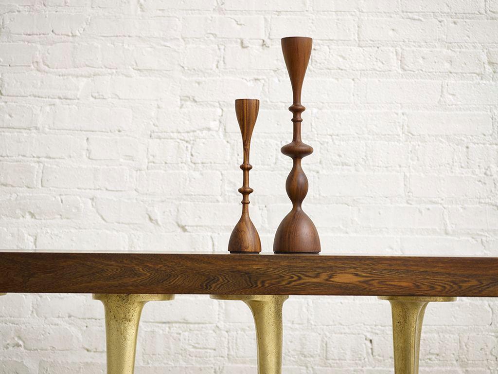 Turned Wave Candlesticks (sold individually, large, teak) For Sale