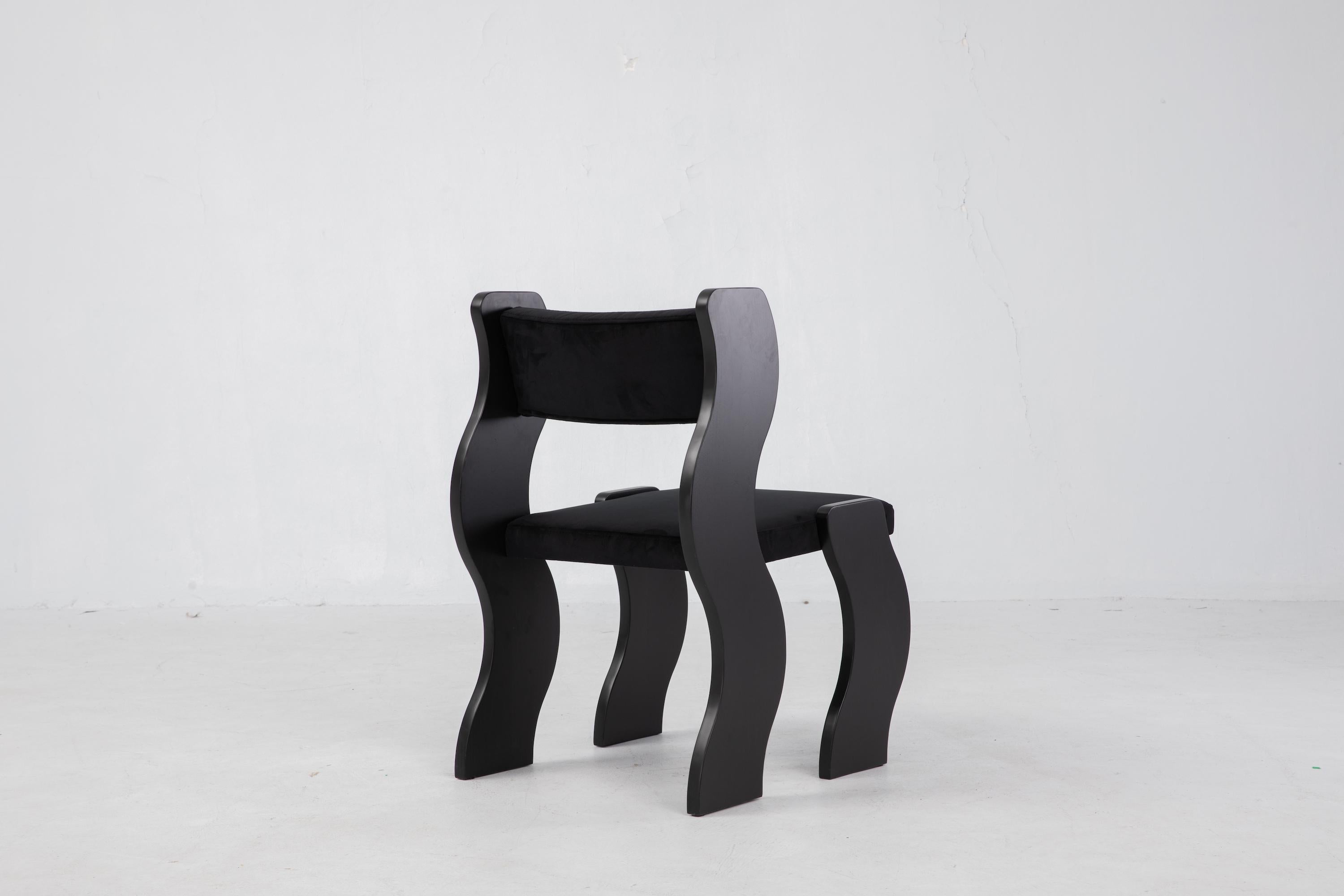 Post-Modern Wave Chair, Black Velvet/Black Finish, Minimalist Dining Chair, Made to Order For Sale