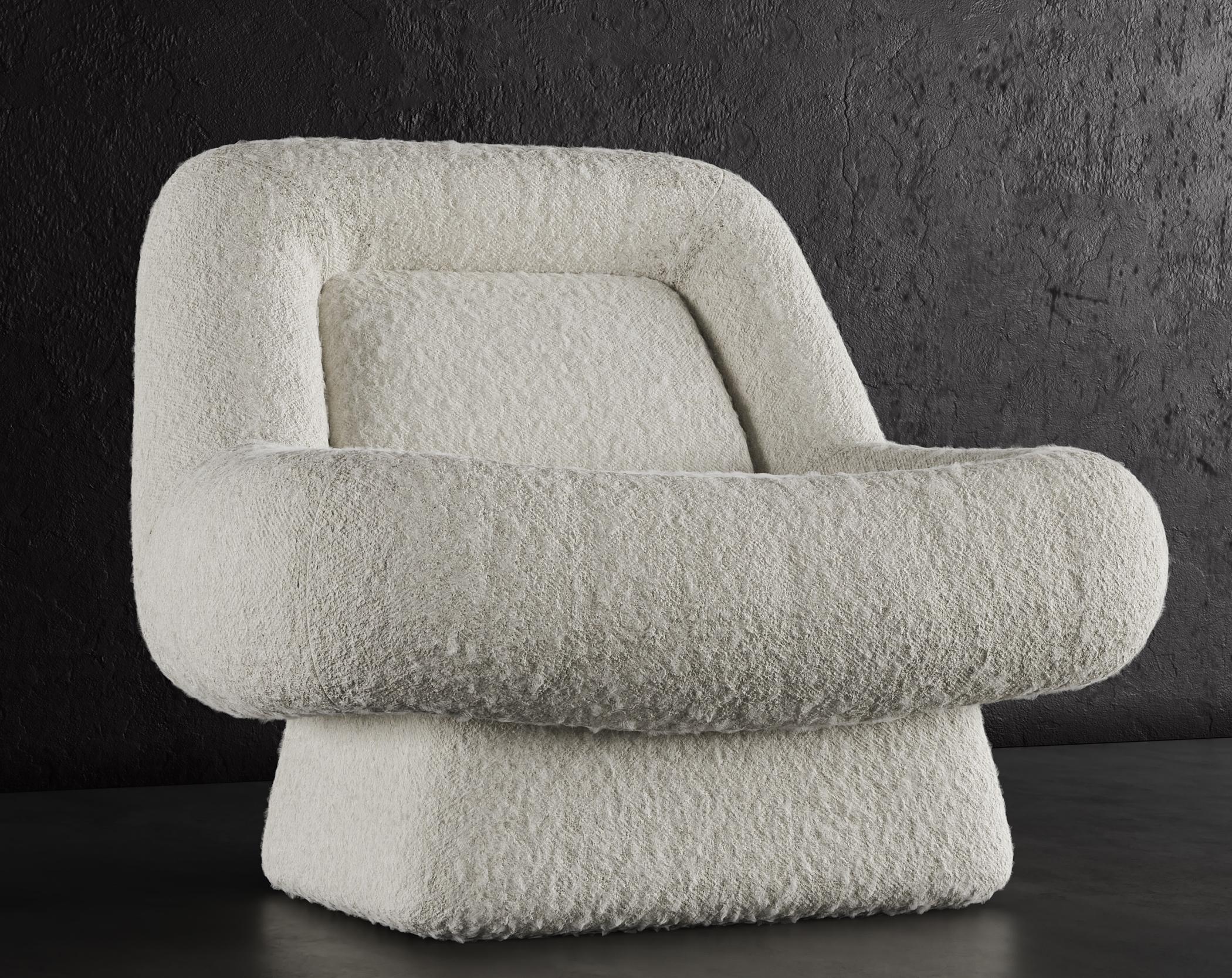 WAVE CHAIR – modernes Design in warmem Weiß mit Wolken Boucle

Der Wave Lounge Chair ist ein modernes und stilvolles Möbelstück, das jedem Raum einen Hauch von Eleganz verleiht. Er ist mit einem luxuriösen Cloud-Boucle-Stoff in warmem Weiß