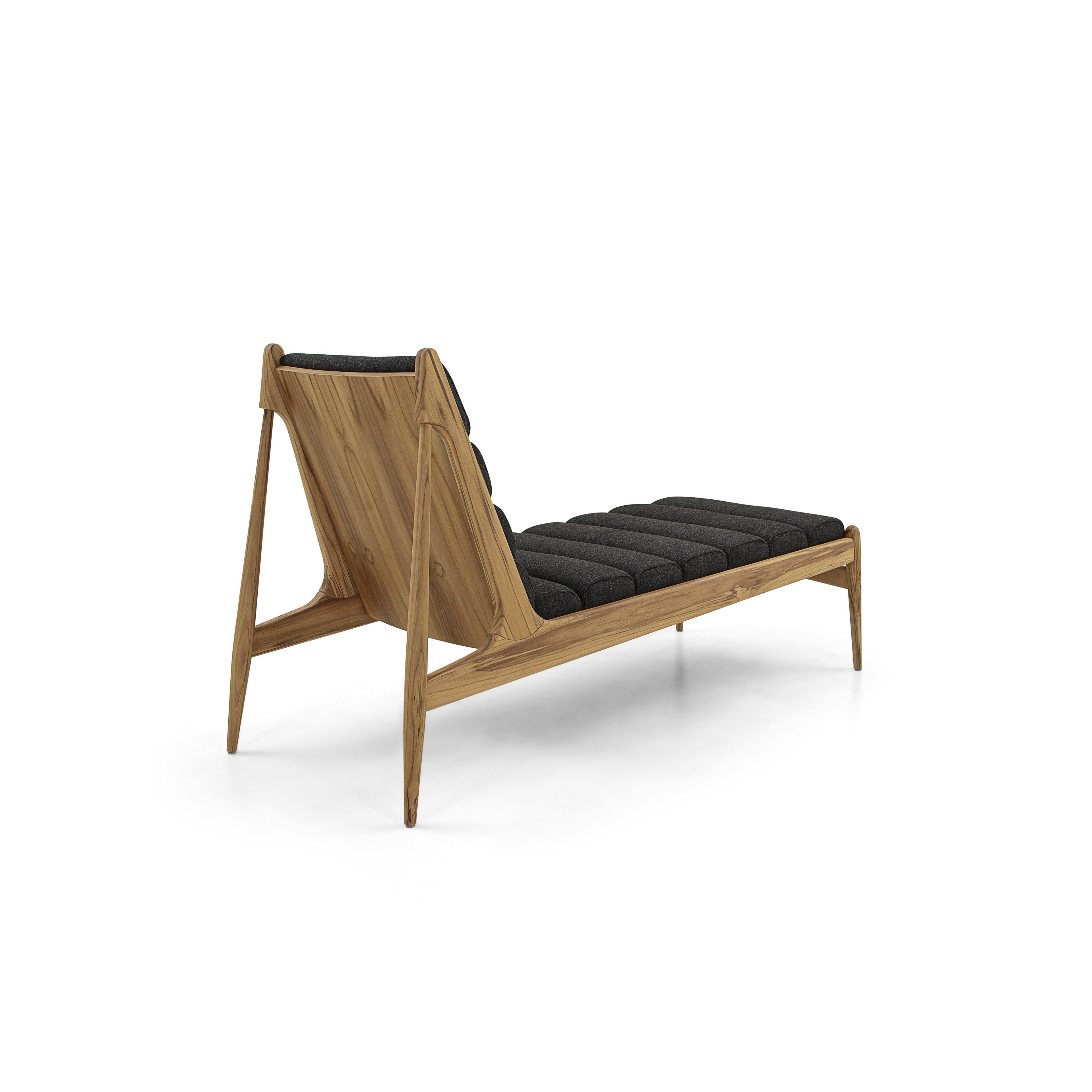 Brazilian Wave Chaise in Teak Wood Finish and Black Fabric For Sale