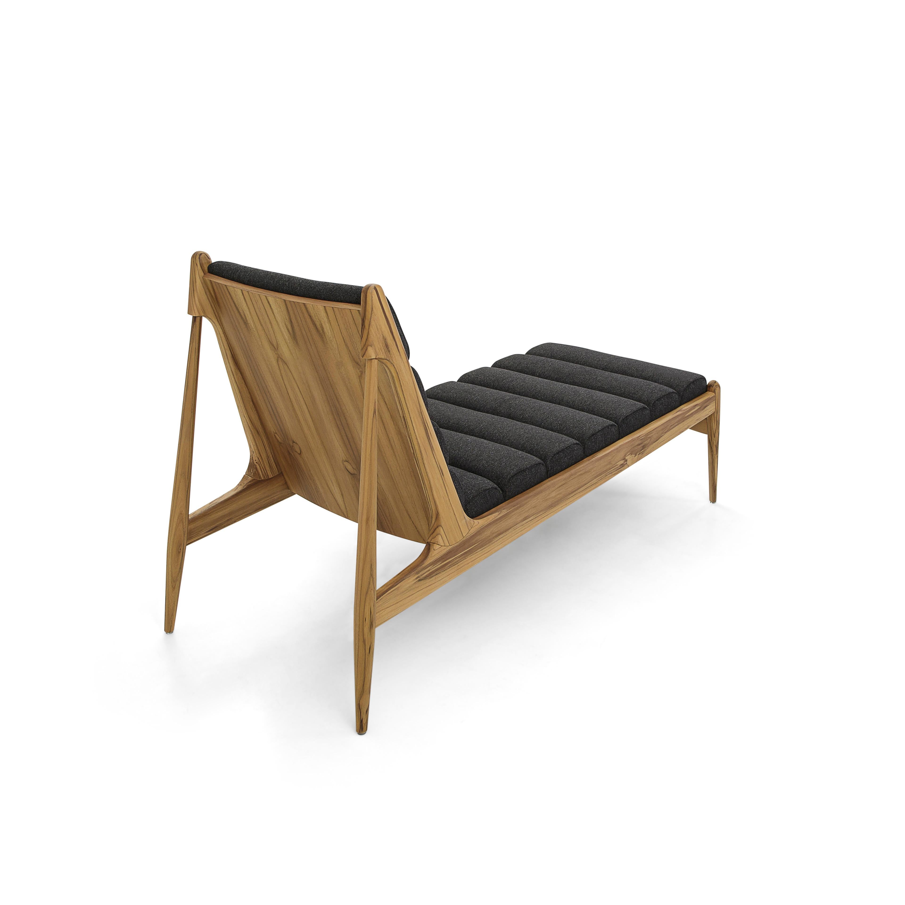 Contemporary Wave Chaise in Teak Wood Finish and Black Fabric For Sale