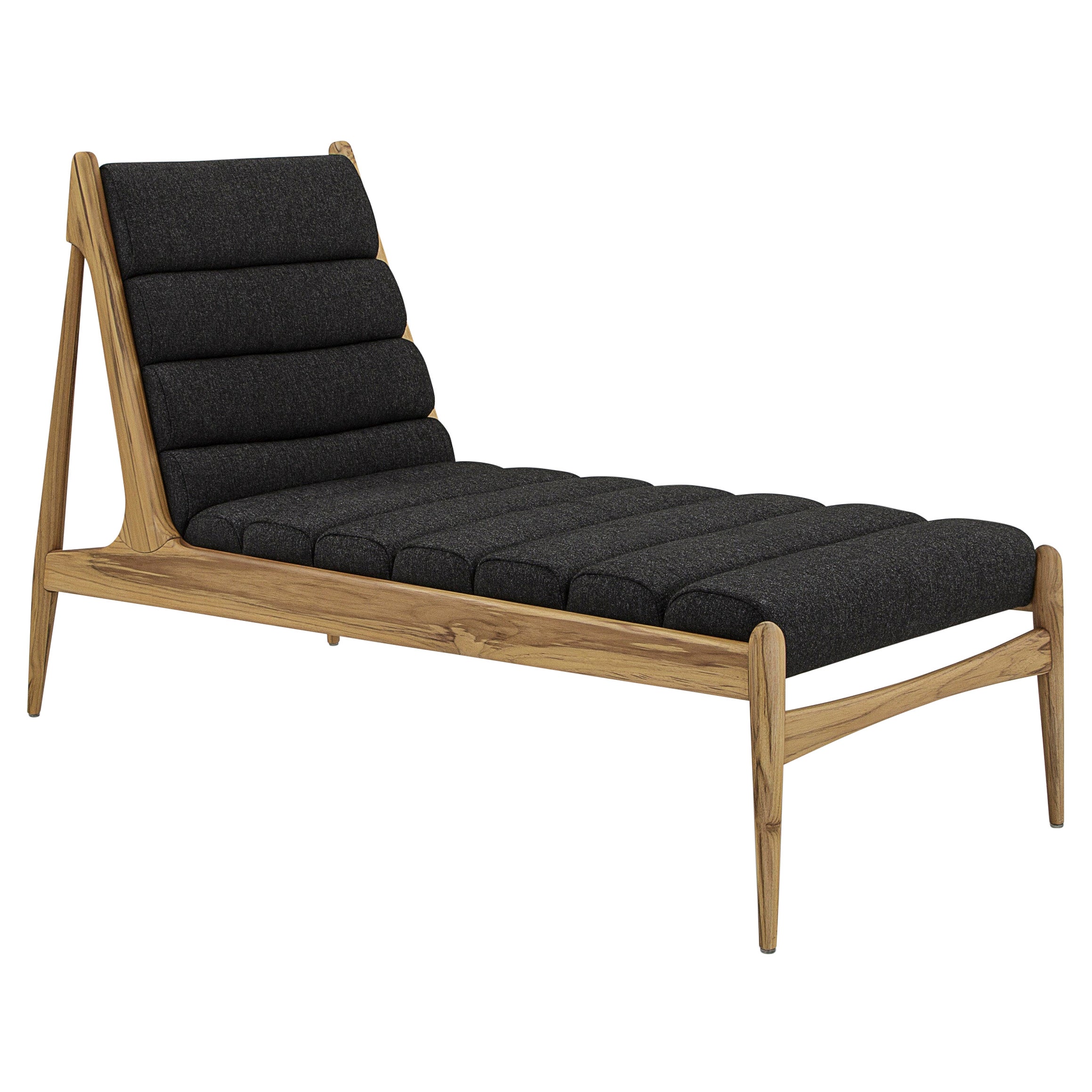 Wave Chaise in Teak Wood Finish and Black Fabric For Sale