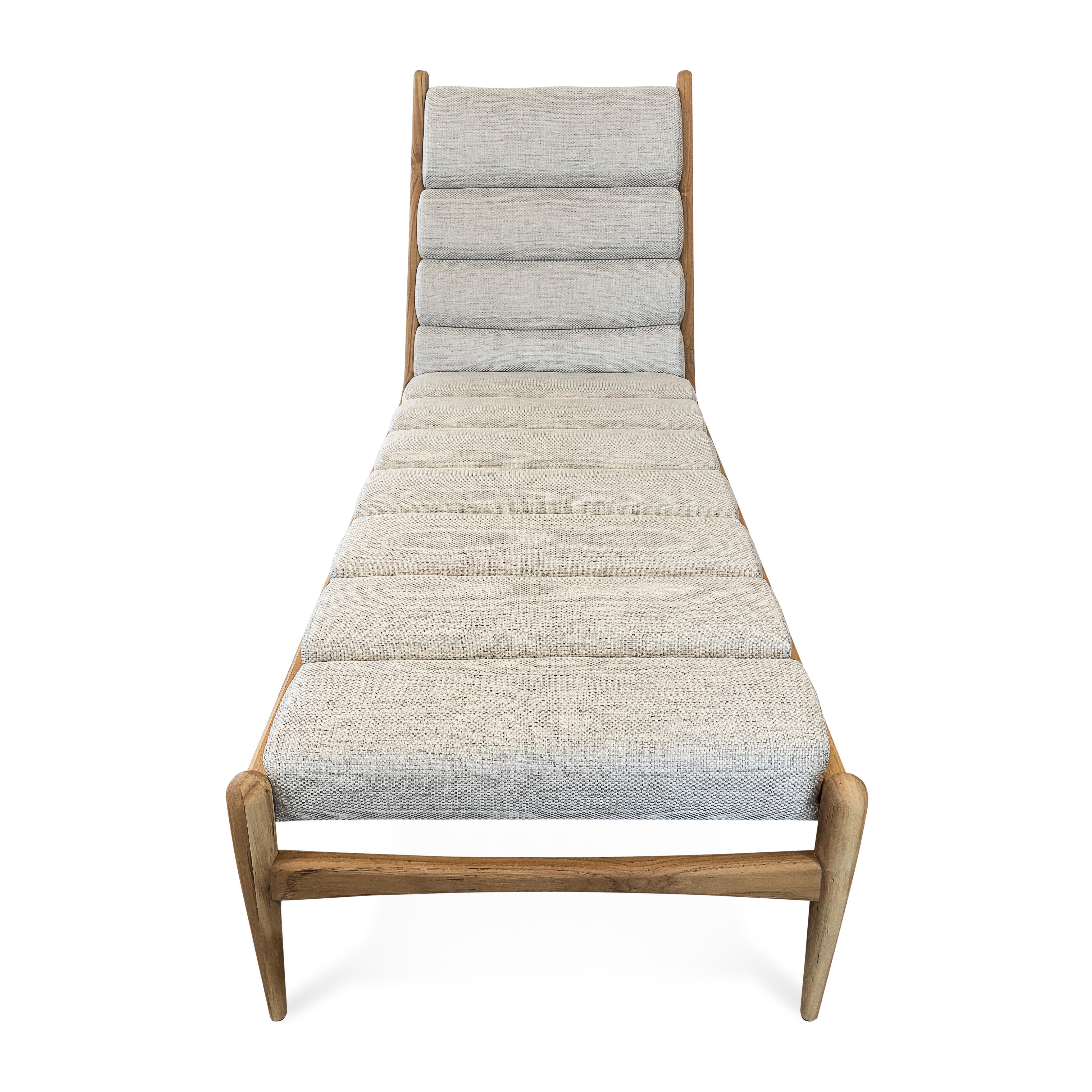 Wave Chaise in Teak Finish and Light Fabric In New Condition In Miami, FL