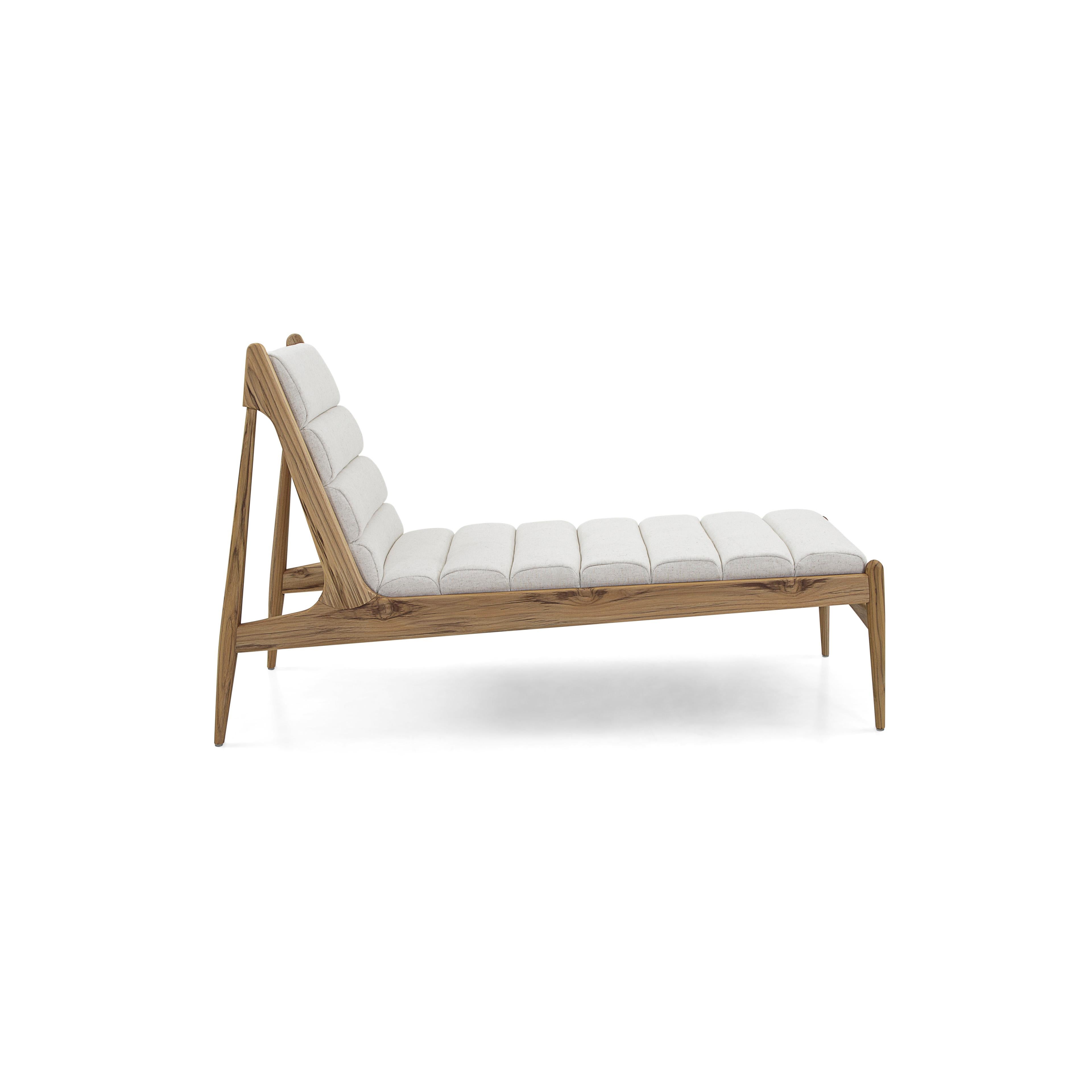 Contemporary Wave Chaise in Teak Finish and Light Fabric
