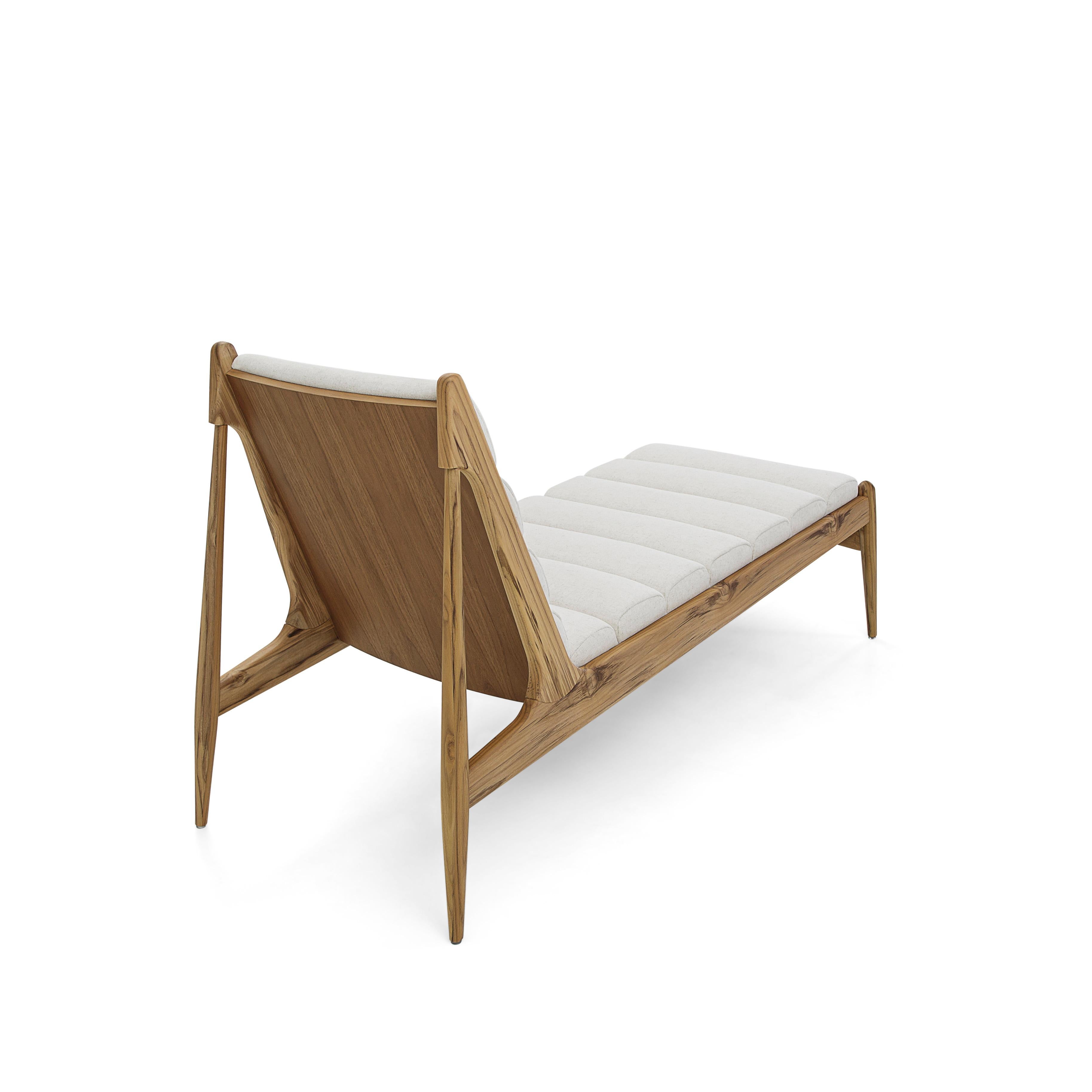 Upholstery Wave Chaise in Teak Finish and Light Fabric