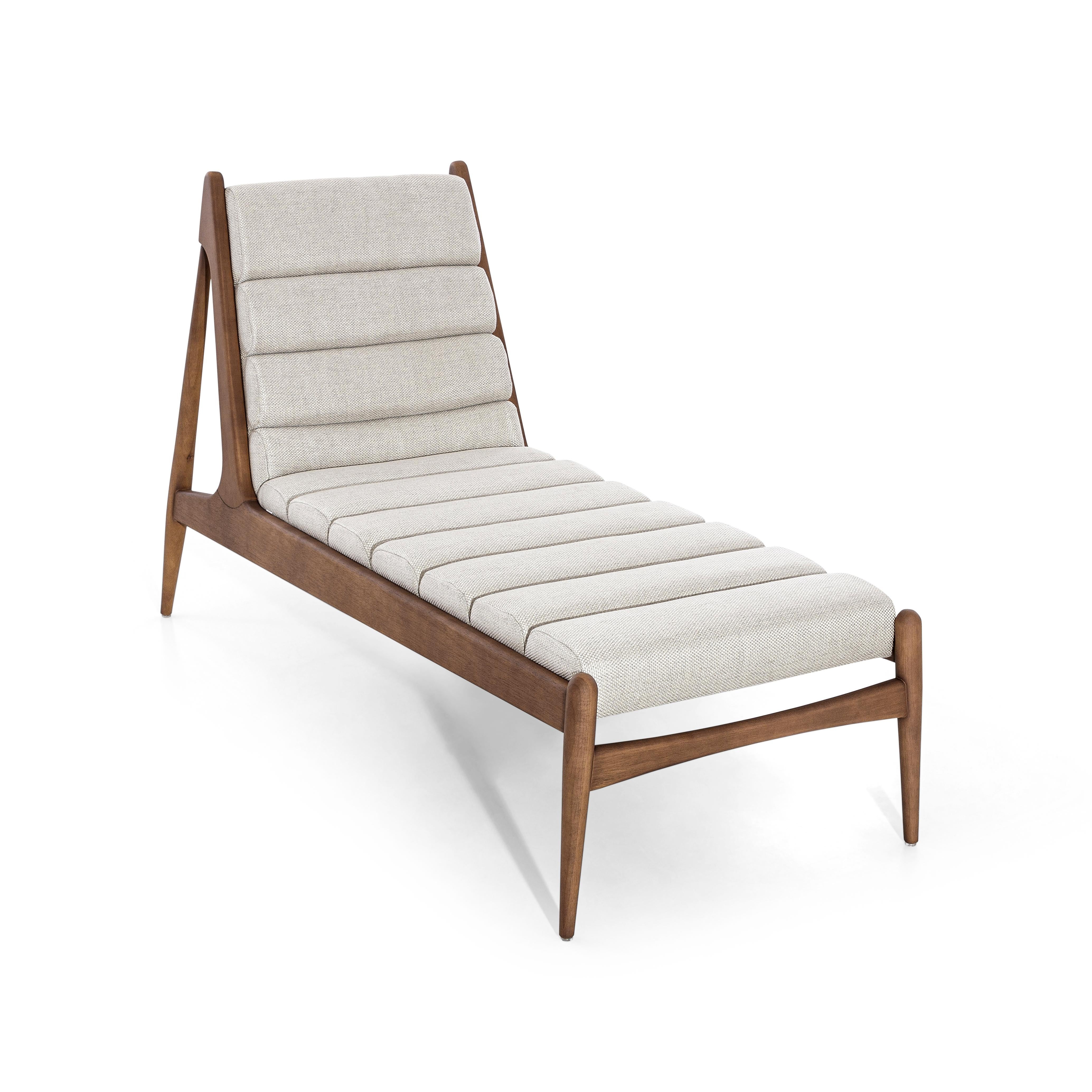 Contemporary Wave Chaise in Walnut Finish and Off-White Fabric