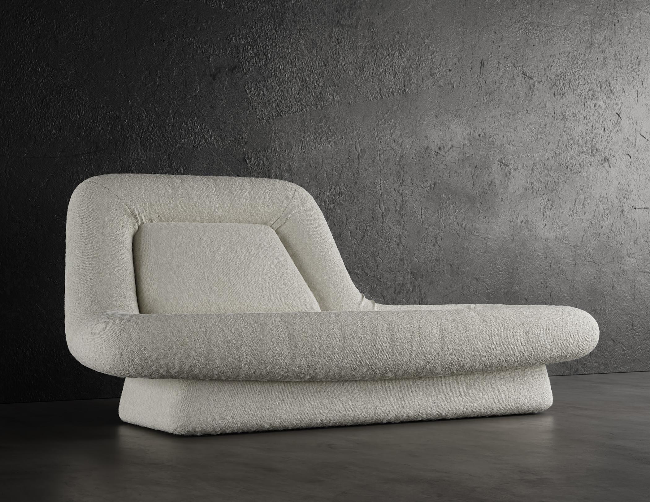 WAVE CHAISE LOUNGE – modernes Design in warmem Weiß mit Wolken Bouclé

Die Wave Chaise Lounge ist ein modernes und stilvolles Möbelstück, das jedem Raum einen Hauch von Eleganz verleiht. Er ist mit einem luxuriösen Cloud-Boucle-Stoff in warmem Weiß