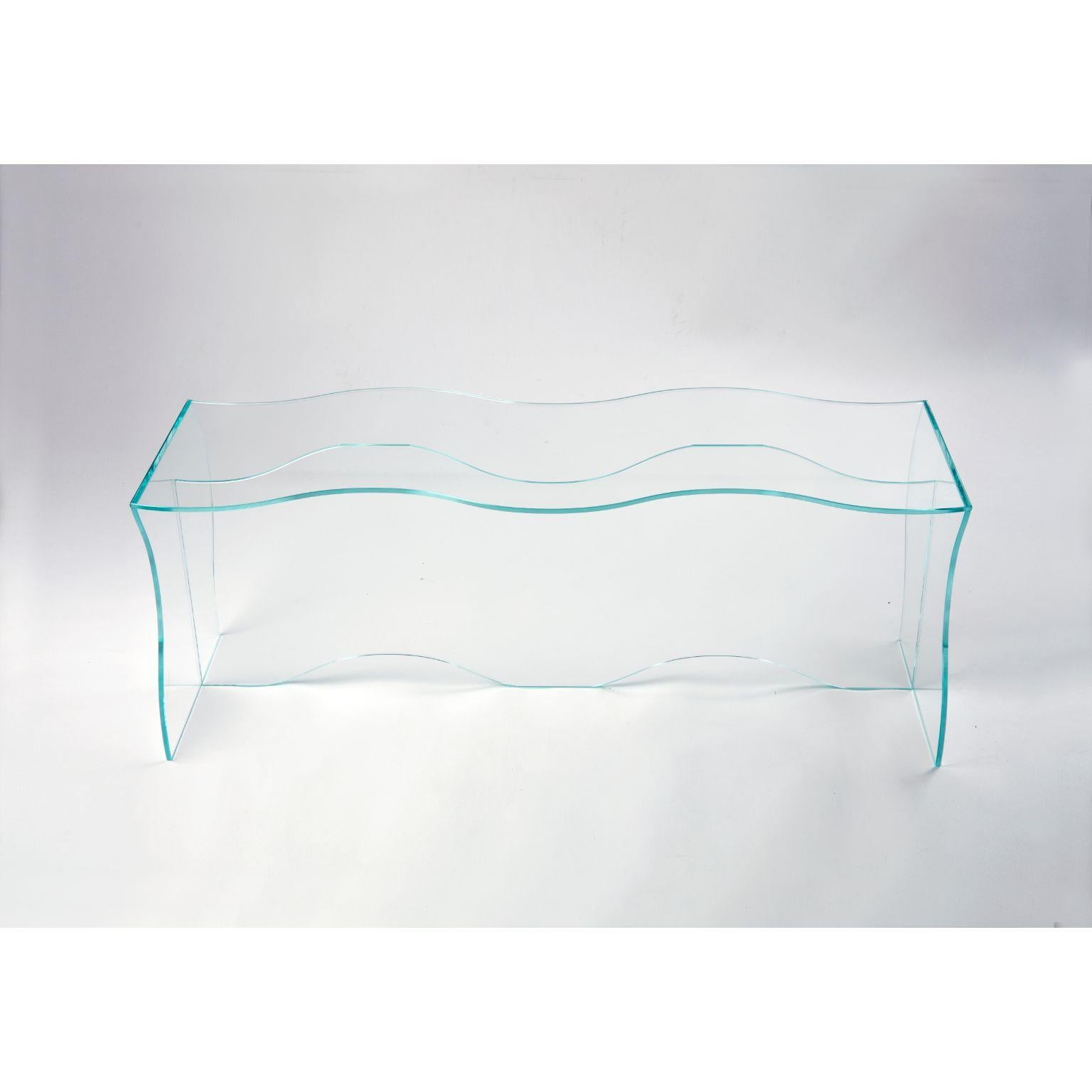 Modern Wave Clear Glass Coffee Table Sculpted by Studio-Chacha