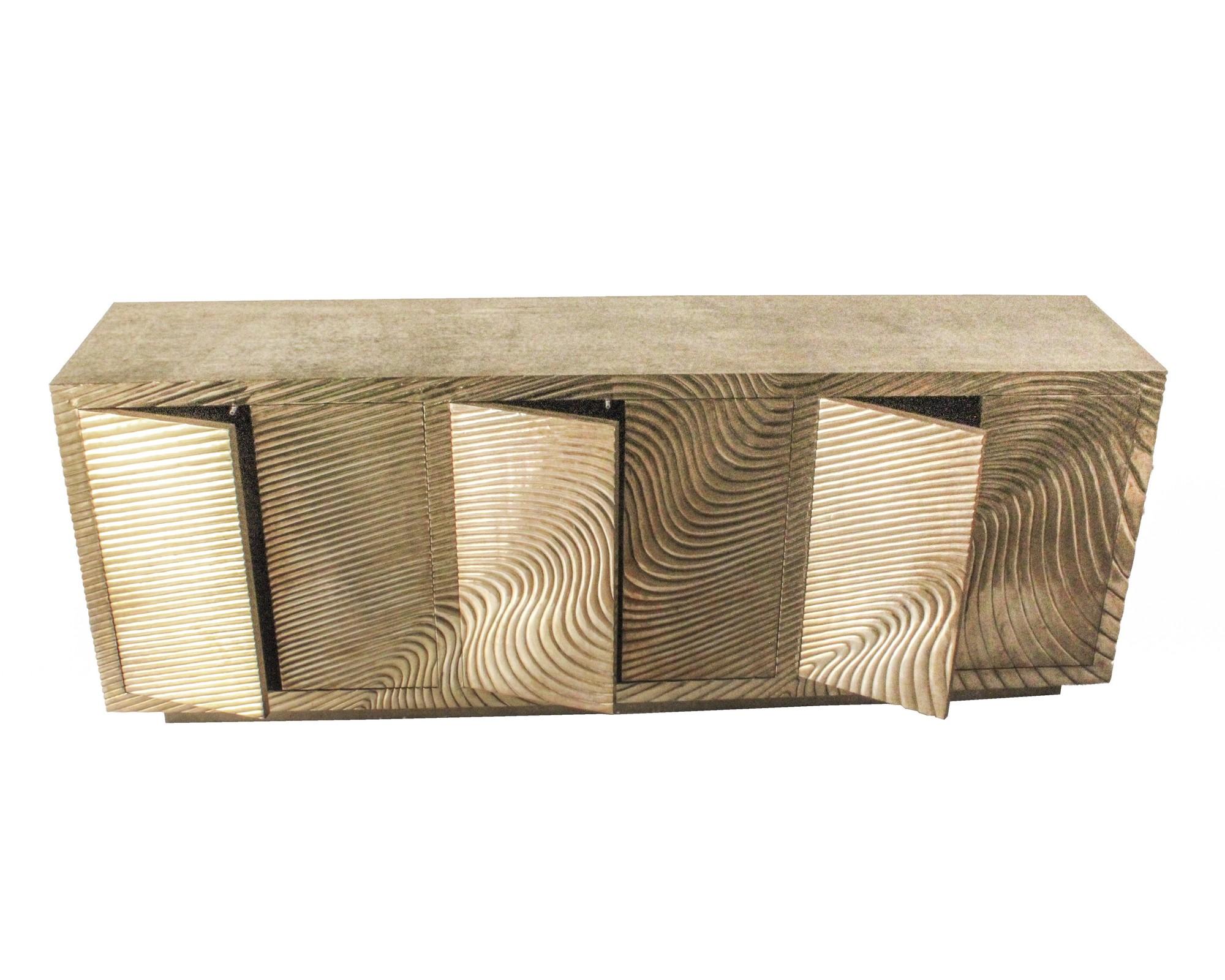American Wave Credenza in Brass Clad Over Teak Handcrafted in India by Stephanie Odegard For Sale