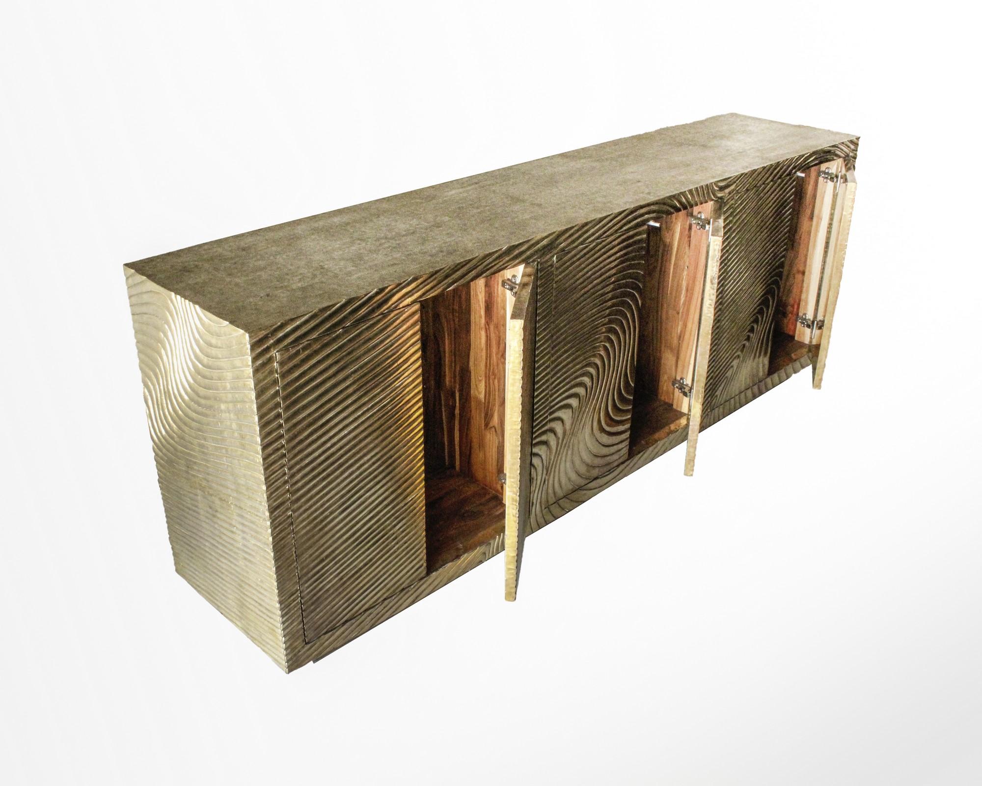 Hand-Carved Wave Credenza in Brass Clad Over Teak Handcrafted in India by Stephanie Odegard For Sale