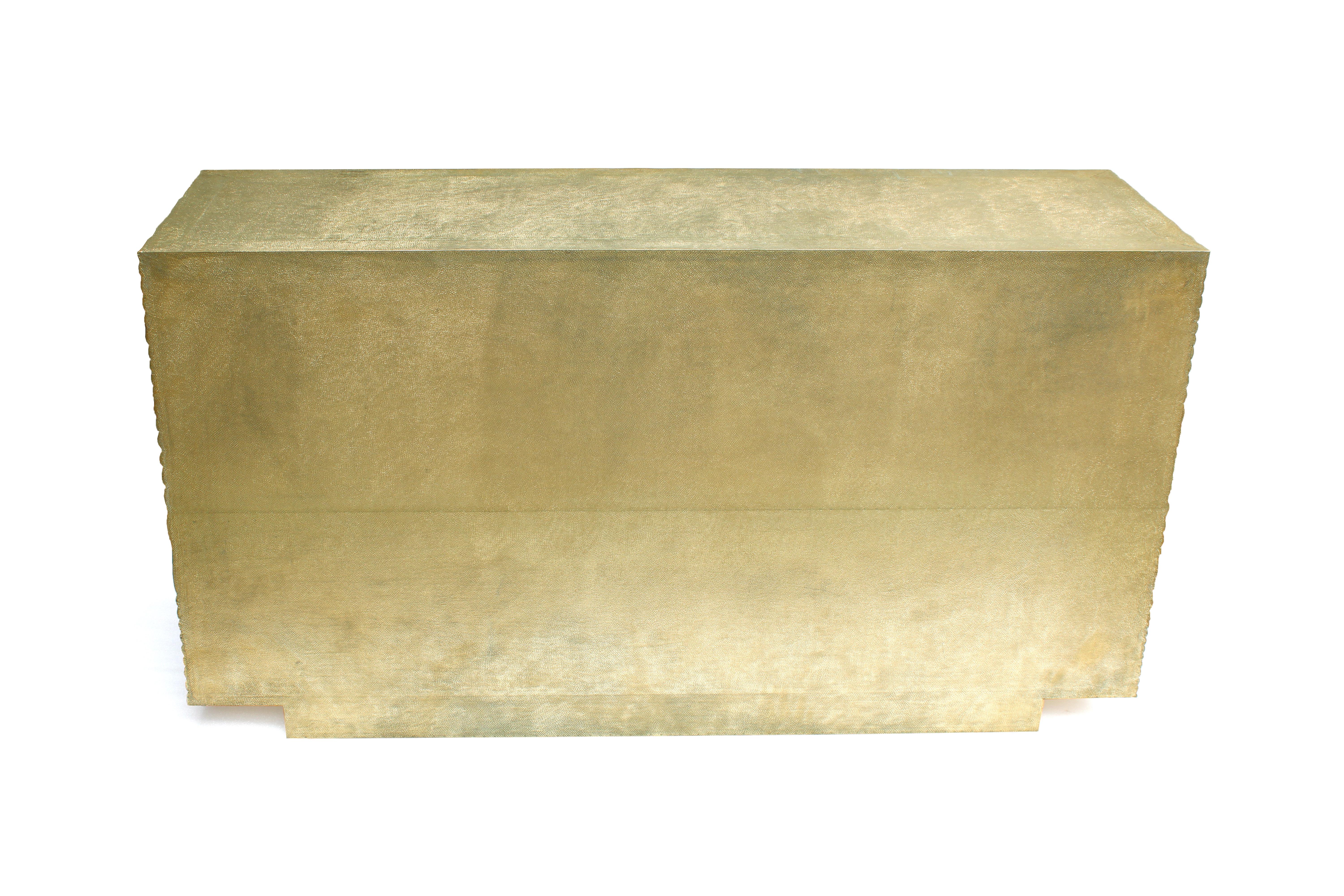 Contemporary Wave Credenza in Brass Clad Over MDF Handcrafted in India by Stephanie Odegard For Sale