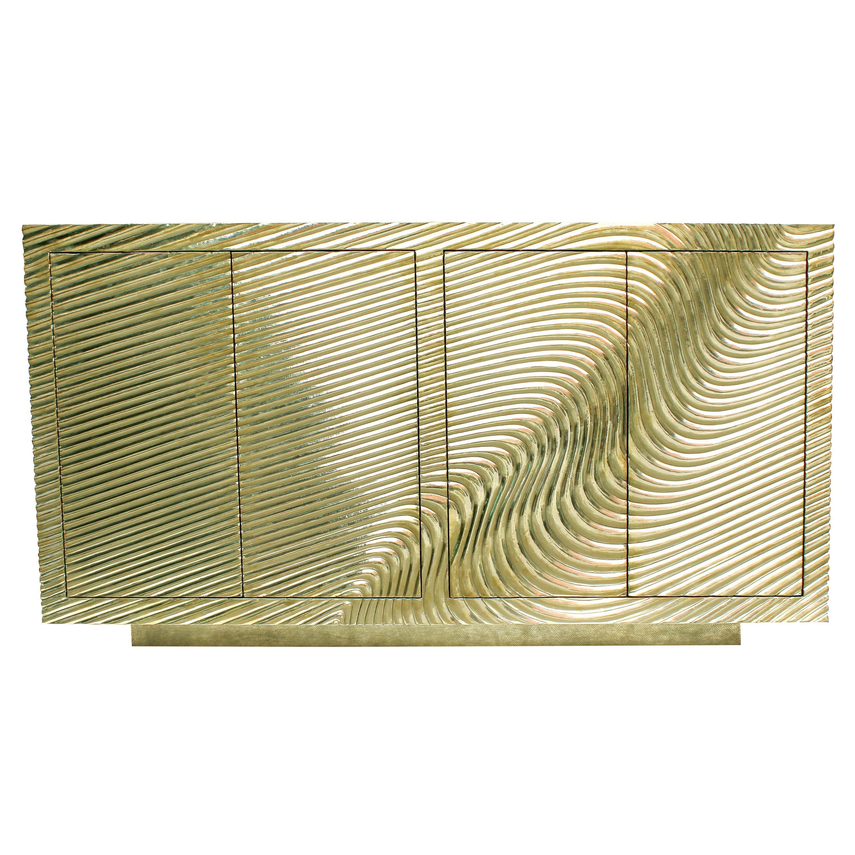 Wave Credenza in Brass Clad Over MDF Handcrafted in India by Stephanie Odegard