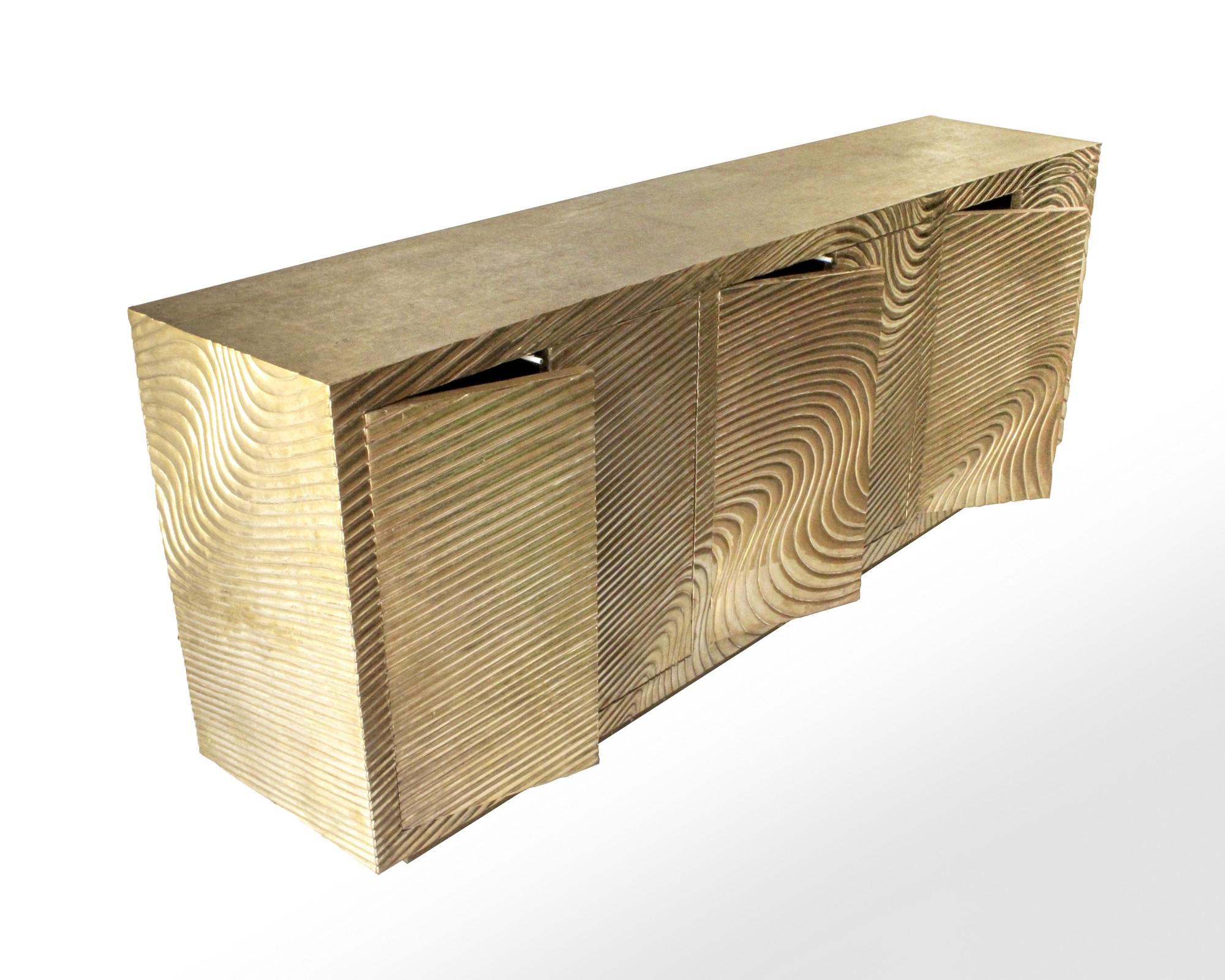 Inspired by the waves of the ocean, hand made from solid teak which is joined to form the clean and elegant outline. This piece is made by centuries old local technique of cladding metal carved wood.
The available options for metal cladding are