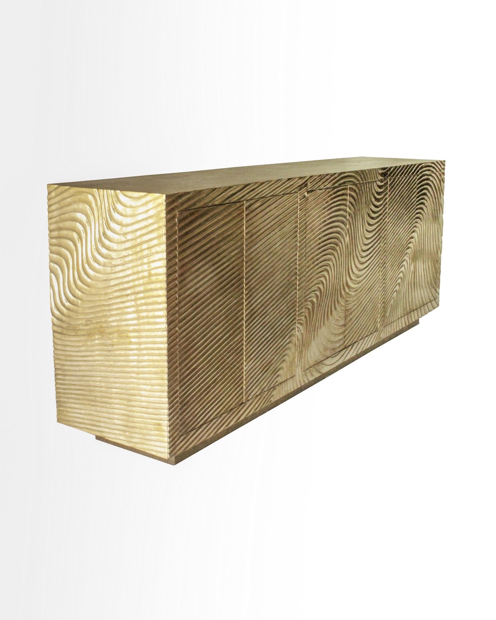 Other Wave Credenza in Brass Clad Over Teak Handcrafted in India by Stephanie Odegard For Sale