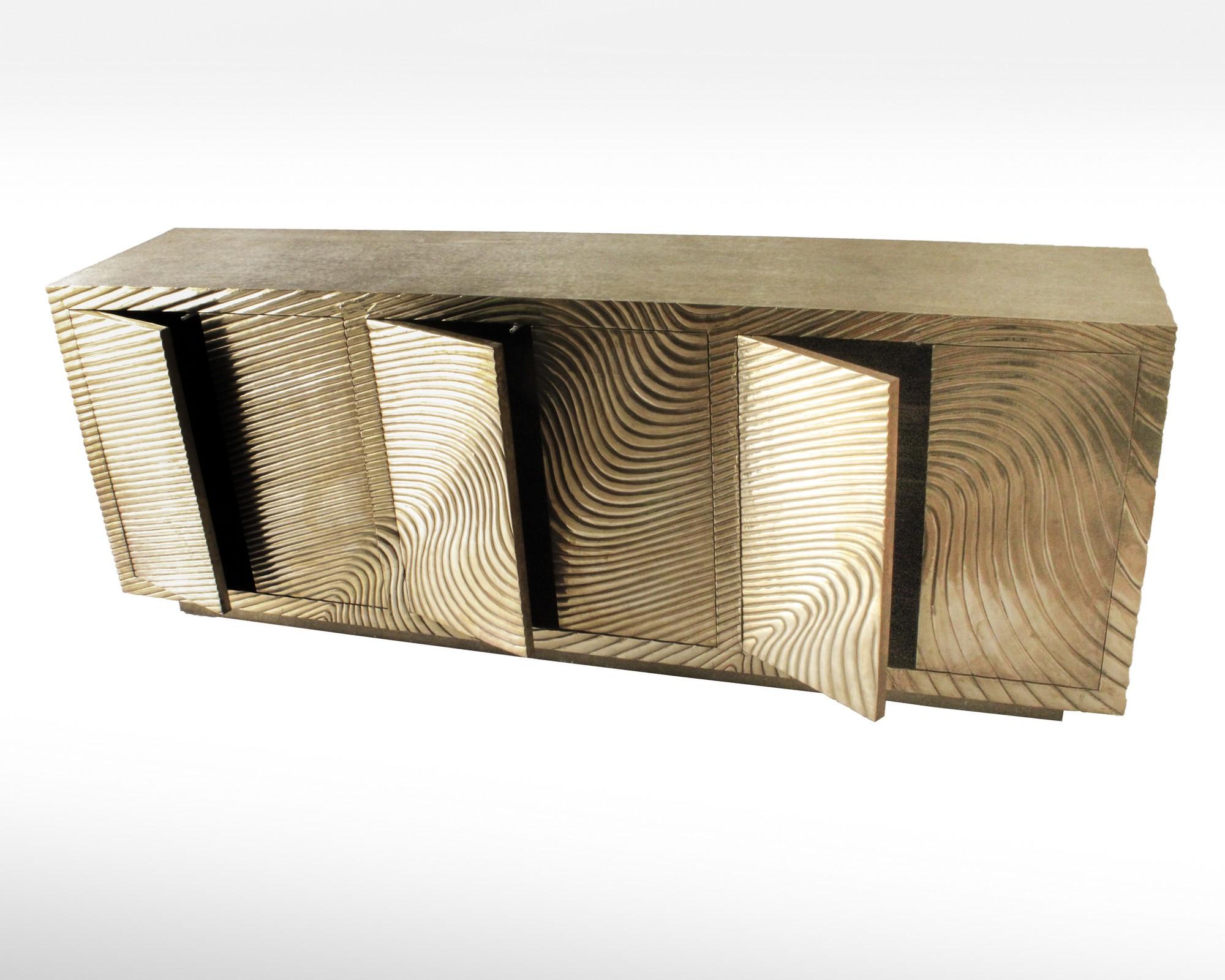 Indian Wave Credenza in Brass Clad Over Teak Handcrafted in India by Stephanie Odegard For Sale