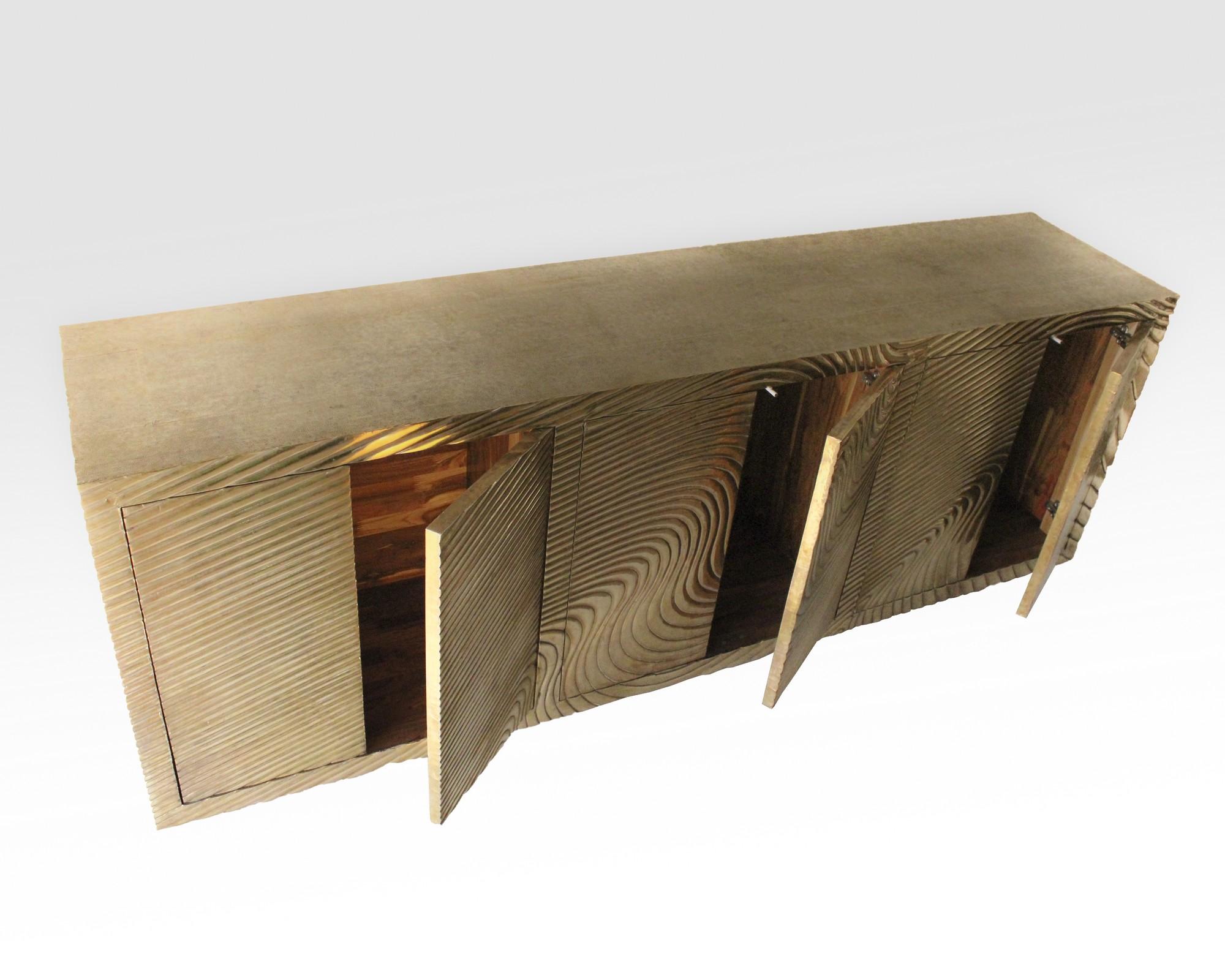 Contemporary Wave Credenza in Brass Clad Over Teak Handcrafted in India by Stephanie Odegard For Sale