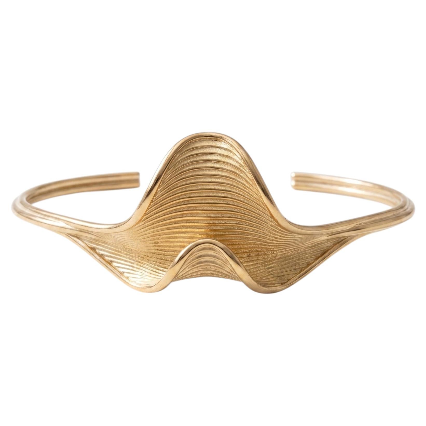 Wave Cuff Bracelet by Oltremare Gioielli, 18k Gold Textured Bangle Made in Italy For Sale