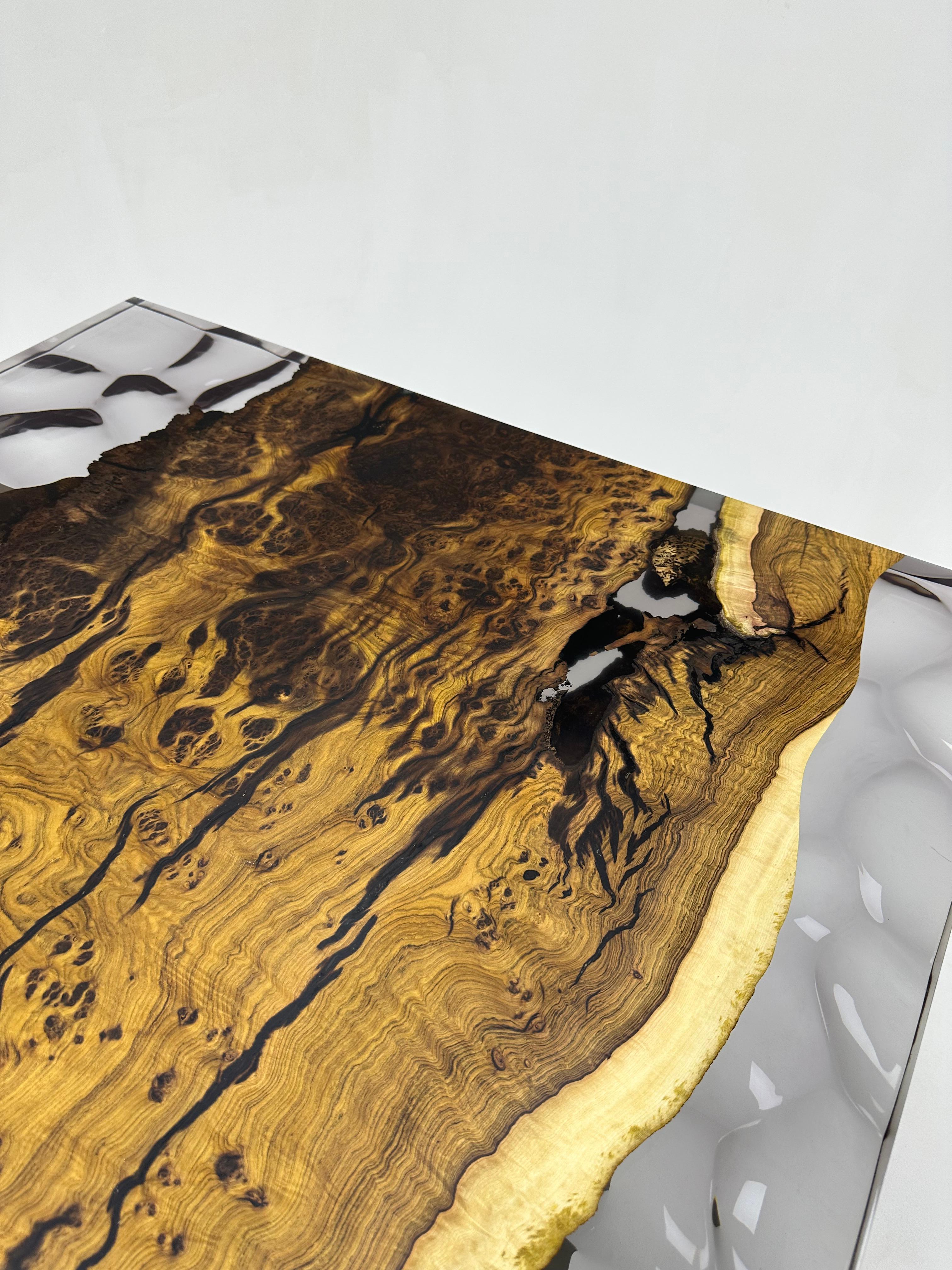 Wave Design Ancient Hackberry Wood Epoxy Resin Table For Sale 3