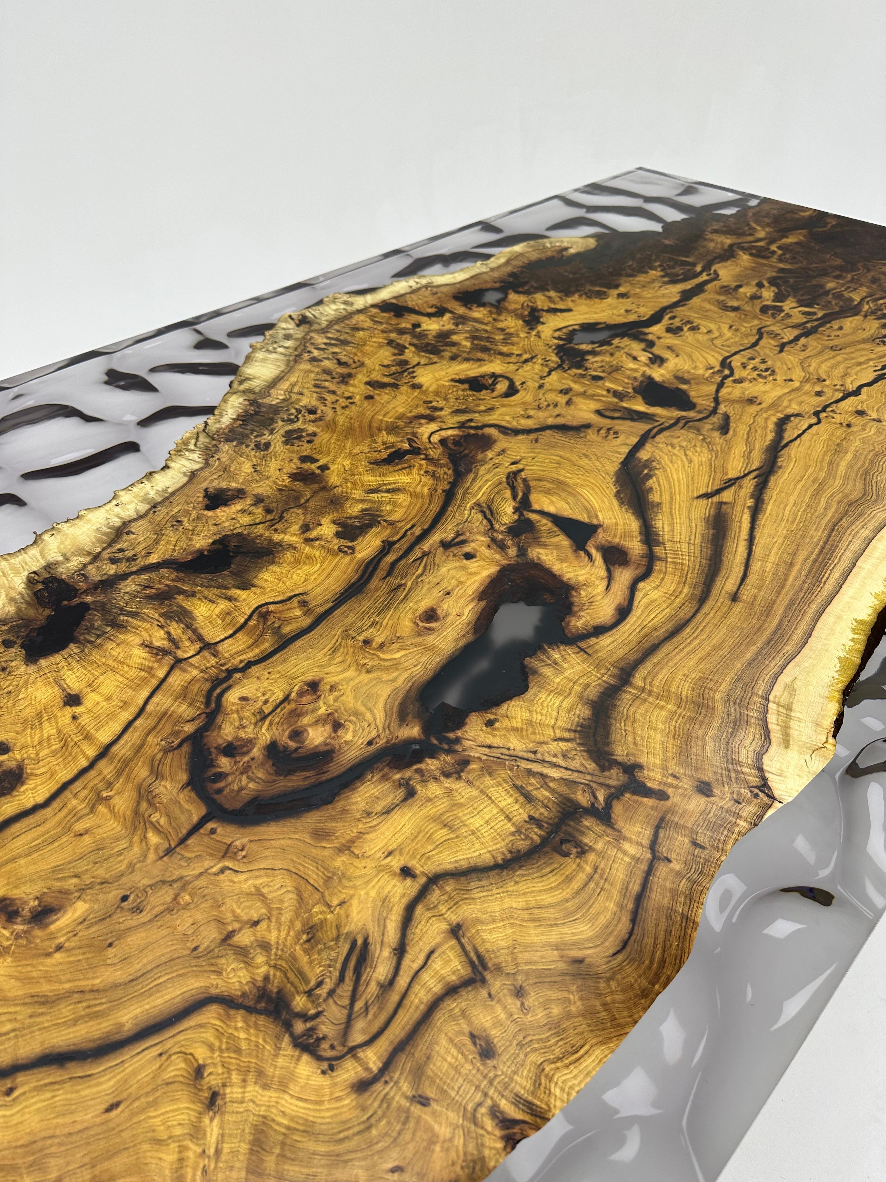 Wave Design Ancient Hackberry Wood Epoxy Resin Table For Sale 4