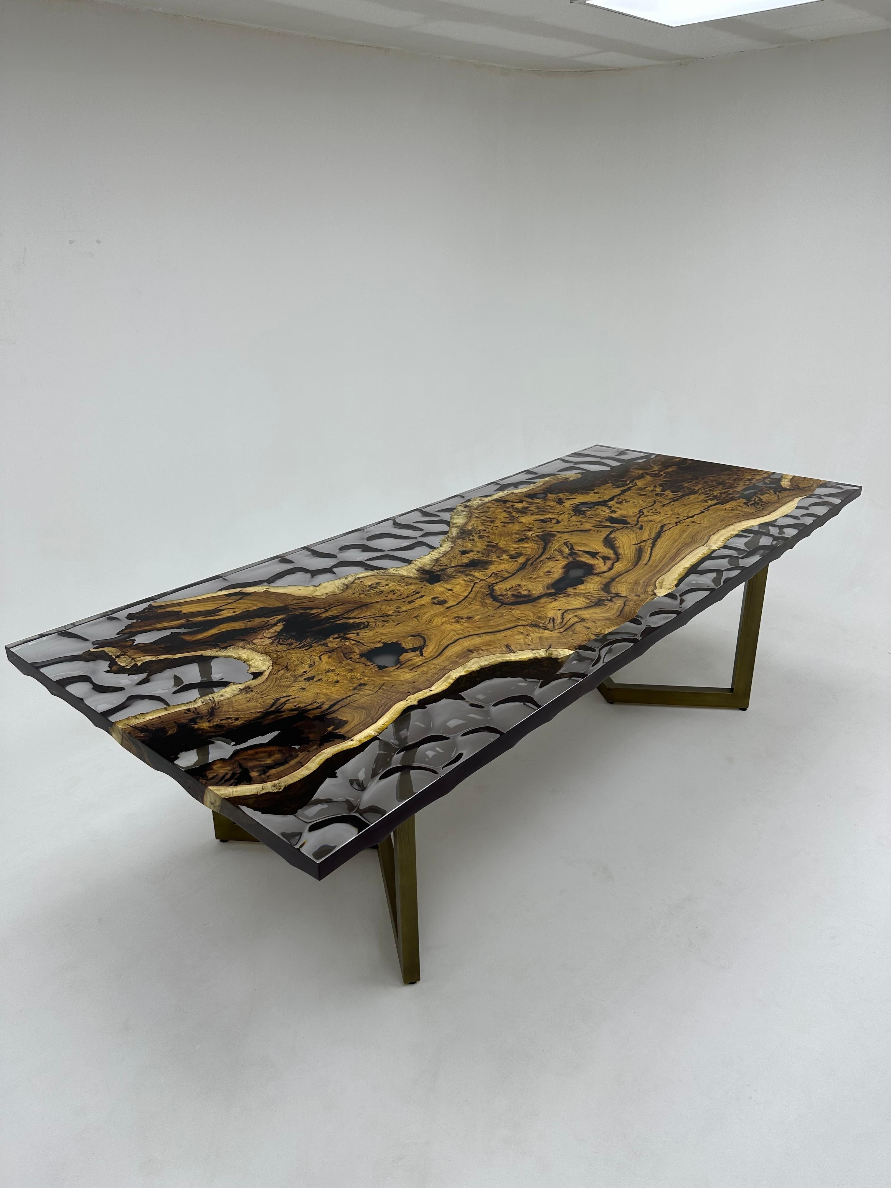 Wave Design Ancient Hackberry Wood Epoxy Resin Table For Sale 2