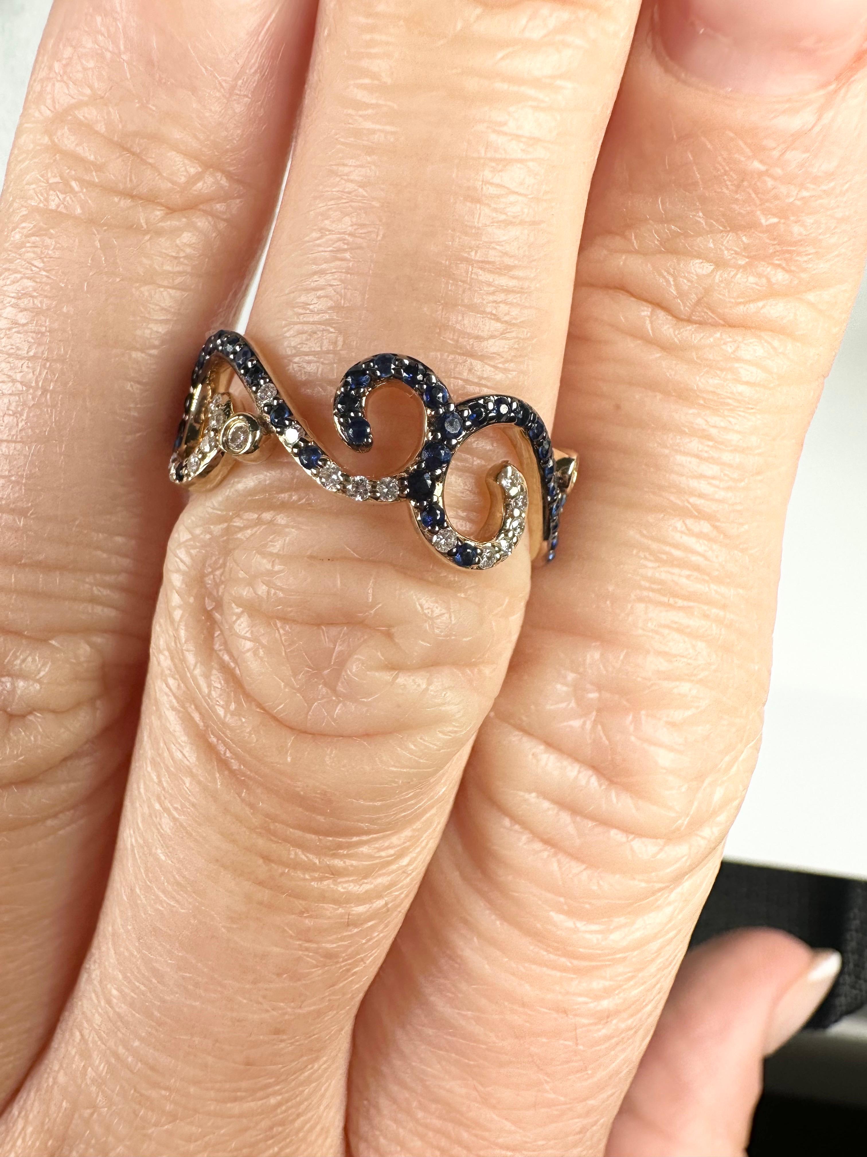 Brilliant Cut Wave diamond ring scrolls diamond ring 14KT gold diamond sapphire ring For Sale