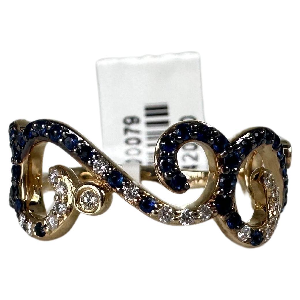 Wave diamond ring scrolls diamond ring 14KT gold diamond sapphire ring For Sale