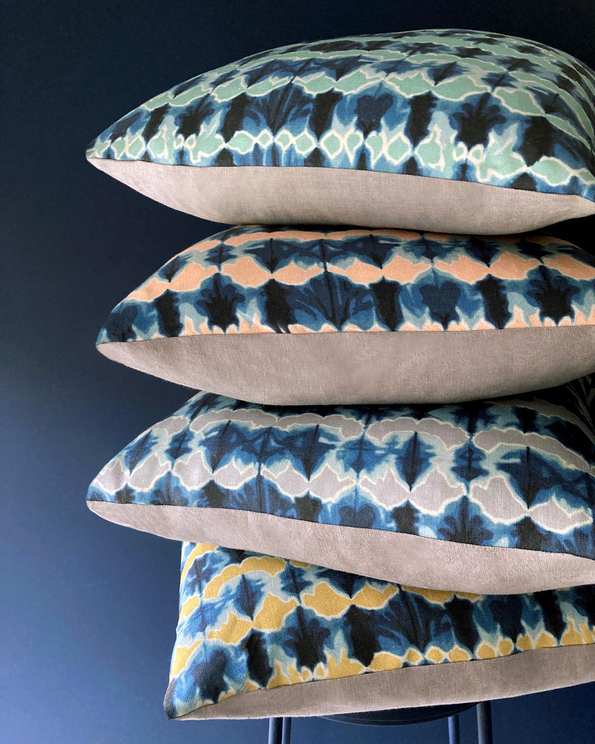Taking a cue from the undulating shapes of our indigo velvet pillows, Wave is a bold and artful design, seen here in Gold yellow. Pigment printed on 100% Belgian Linen. Designed in New York City, printed in the US. Available in four