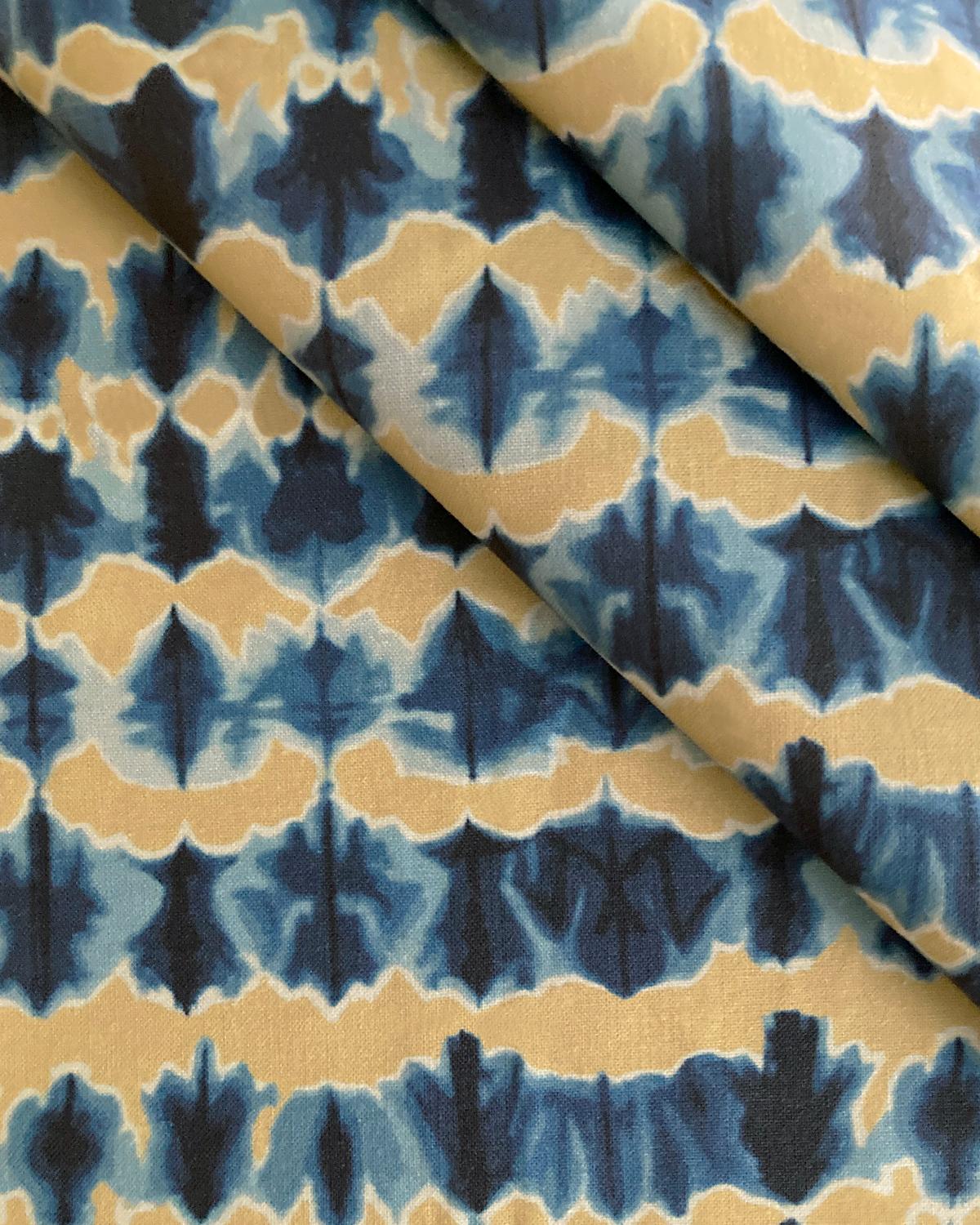 American Wave Fabric in Gold and Indigo, Belgian Linen (Fabric by the Yard) For Sale