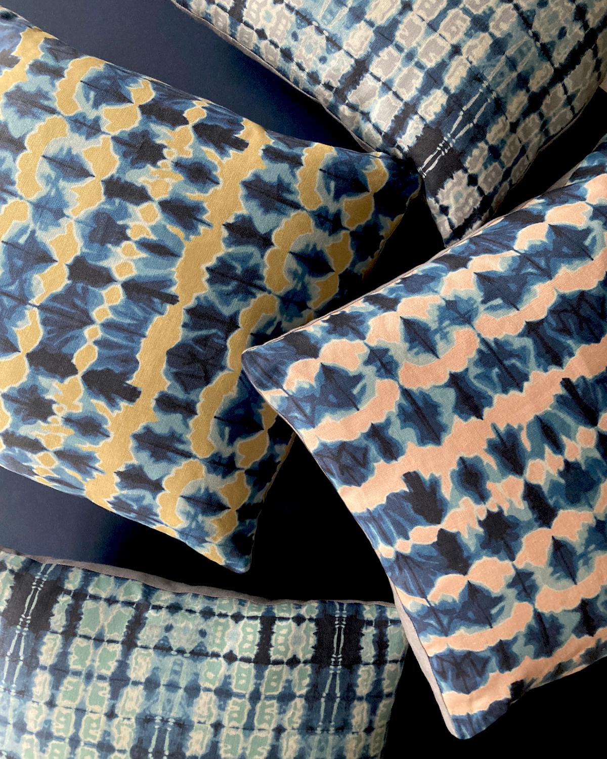 Contemporary Wave Fabric in Gold and Indigo, Belgian Linen (Fabric by the Yard) For Sale