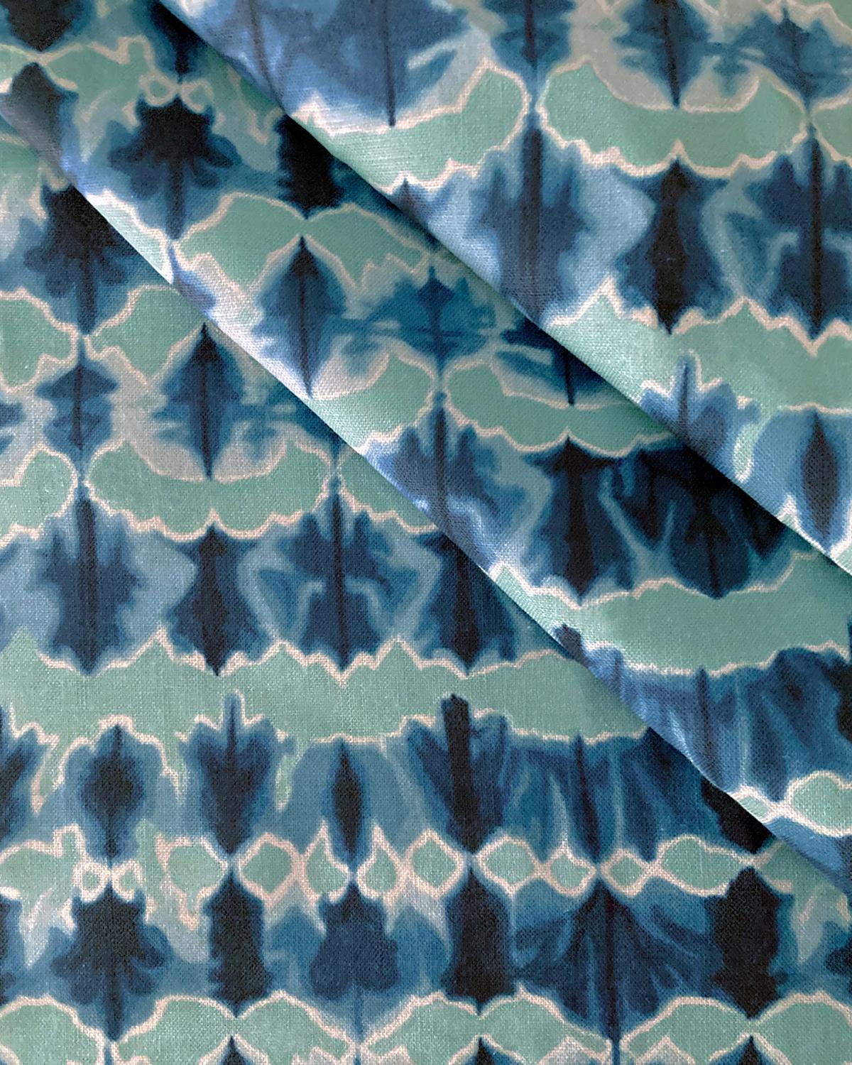 American Wave Fabric in Jade and Indigo, Belgian Linen (Fabric by the Yard) For Sale