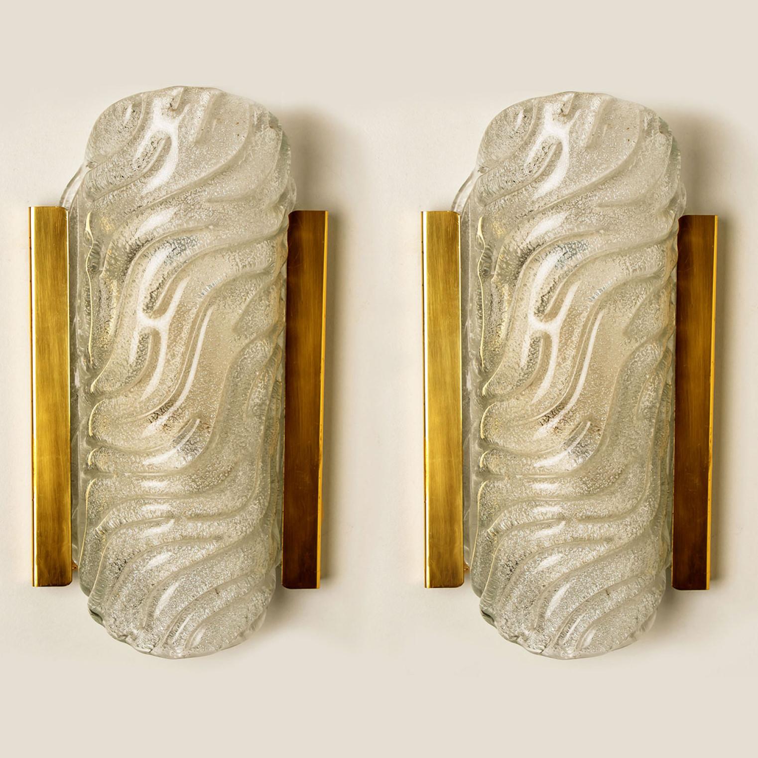 Mid-Century Modern Wave Glass and Brass Wall Lights Sconces by Glashütte Limburg, 1960s For Sale