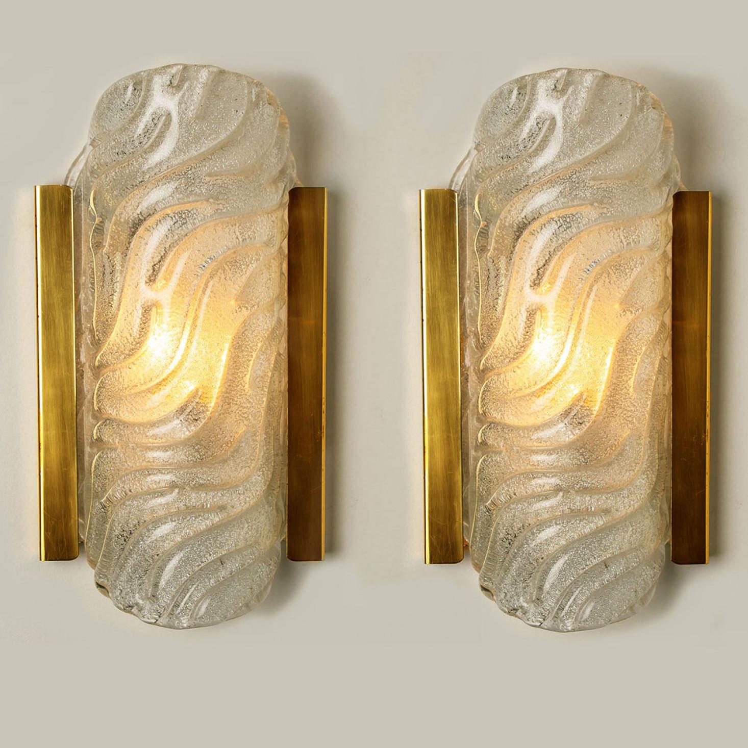Mid-20th Century Wave Glass and Brass Wall Lights Sconces by Glashütte Limburg, 1960s For Sale