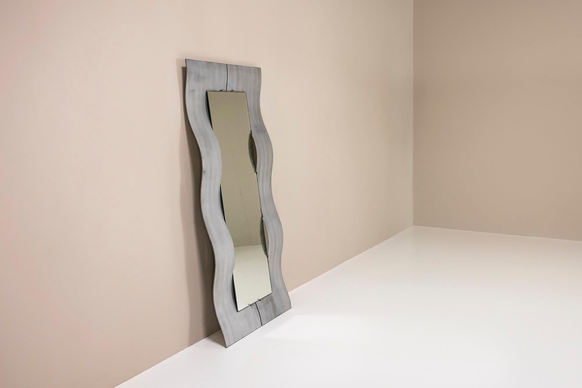 Italian “Wave” Mirror in Chiseled Aluminum by Lorenzo Burchiellaro, Italy ca 1975 For Sale