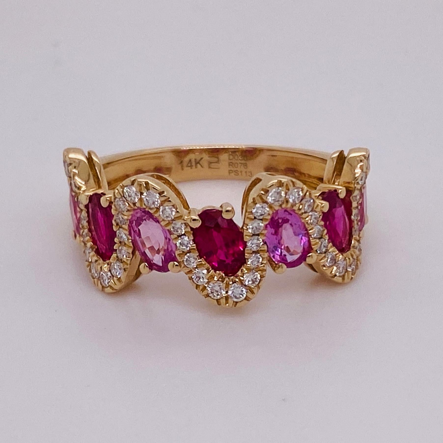 Contemporary Wave Multicolor Sapphire & Diamond Ring, 2 Carats in 14 Karat Yellow Gold For Sale