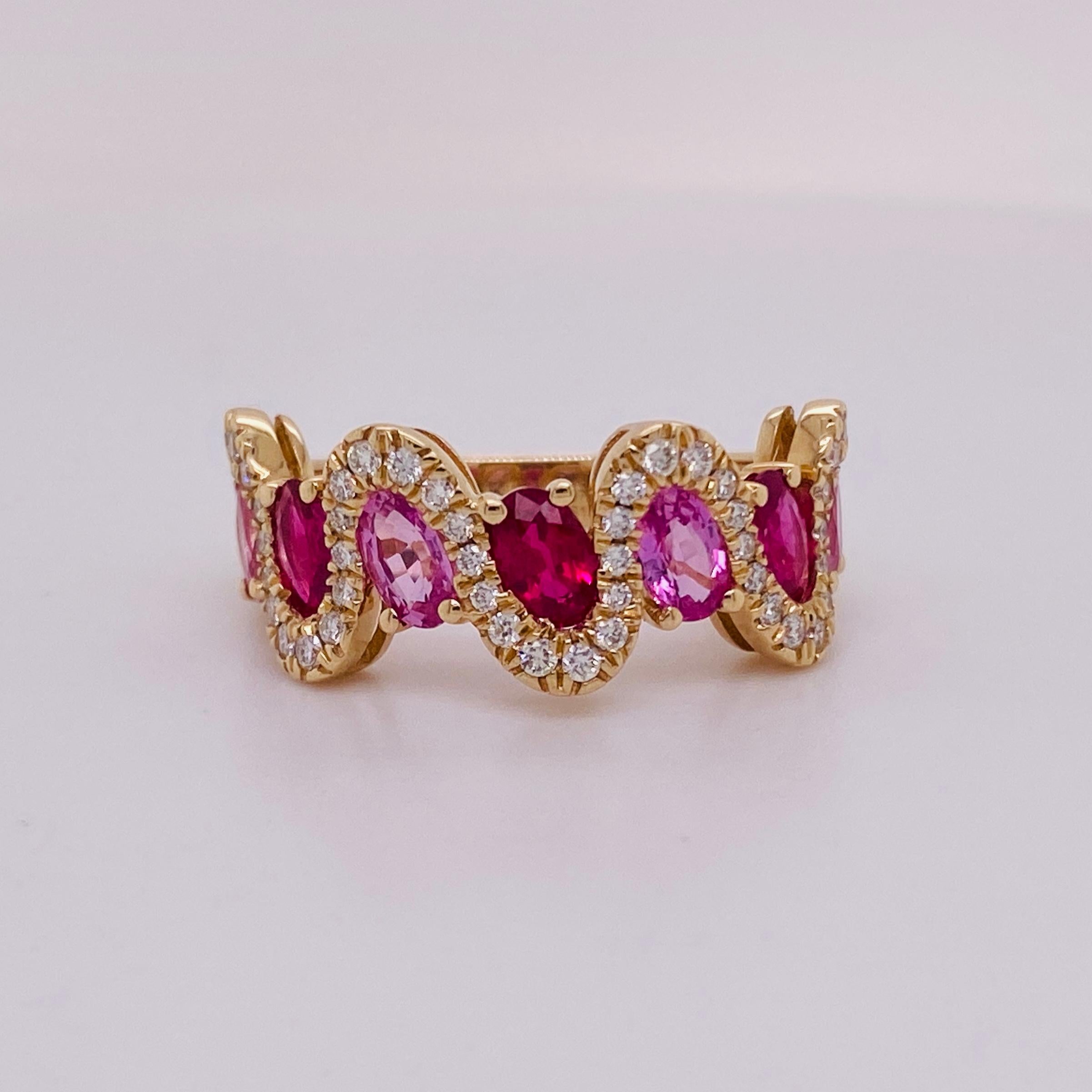 Oval Cut Wave Multicolor Sapphire & Diamond Ring, 2 Carats in 14 Karat Yellow Gold For Sale