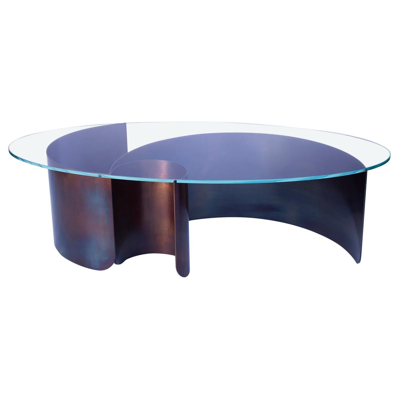 Wave Oval Coffee Table 2 in Contemporary Heat Tempered Steel and Starphire Glass For Sale