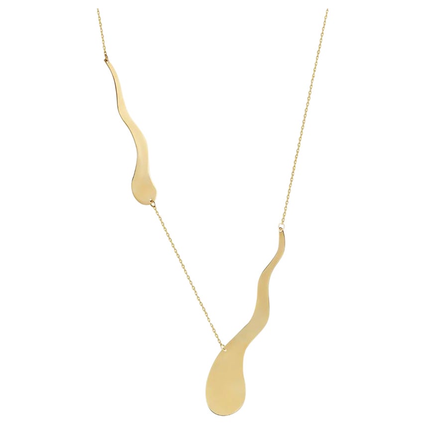 Wave Pendant Chain Necklace 20" in 14K Solid Yellow Gold For Sale