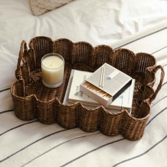 Handwoven Rattan Wavy Tray in Teak, British Colonial Style