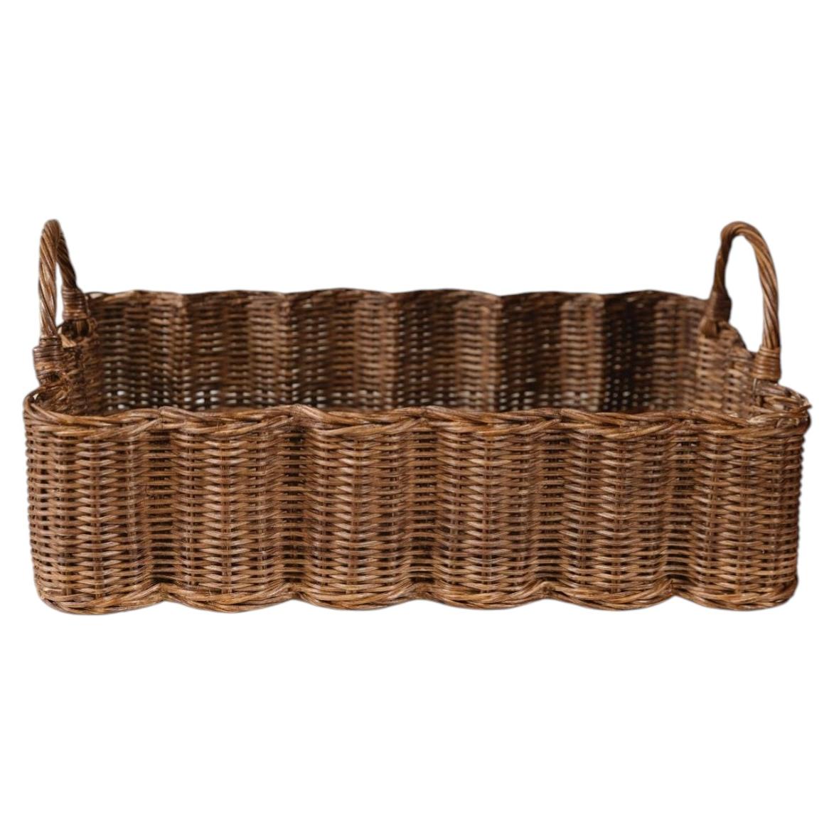 Handwoven Rattan Wavy Tray in Teak, British Colonial Style