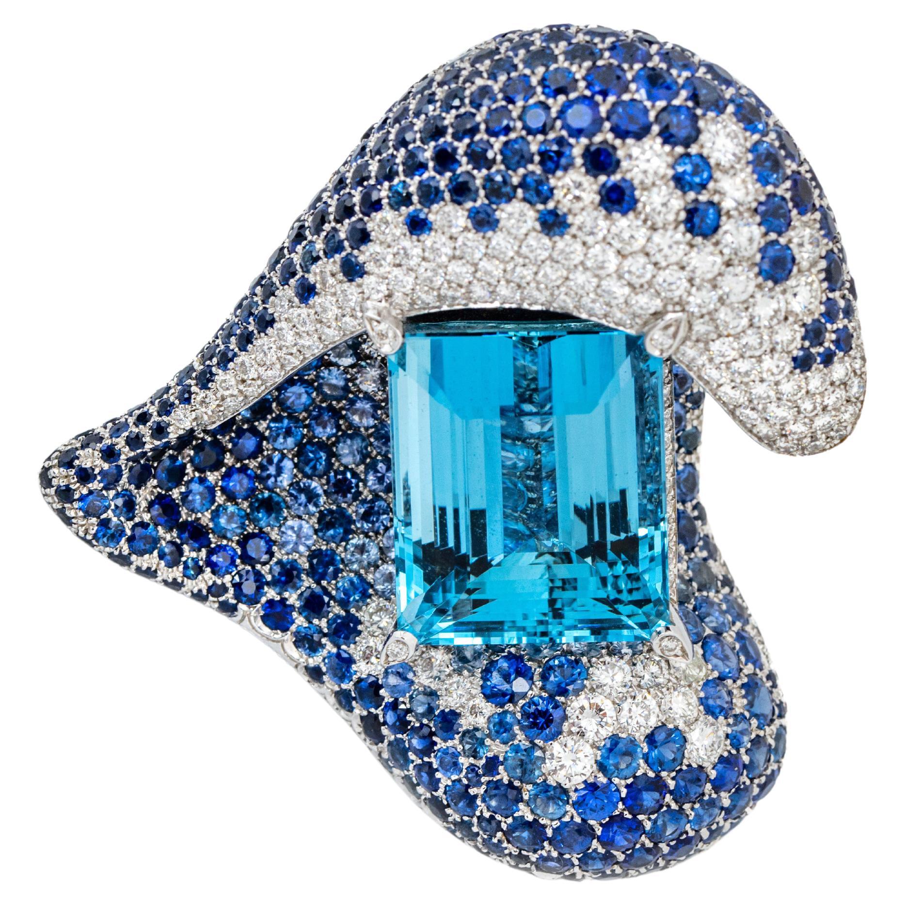"Costis" Wave Ring-Rare Santa Maria 27.51 Cts Aquamarine, Diamonds and Sapphires For Sale