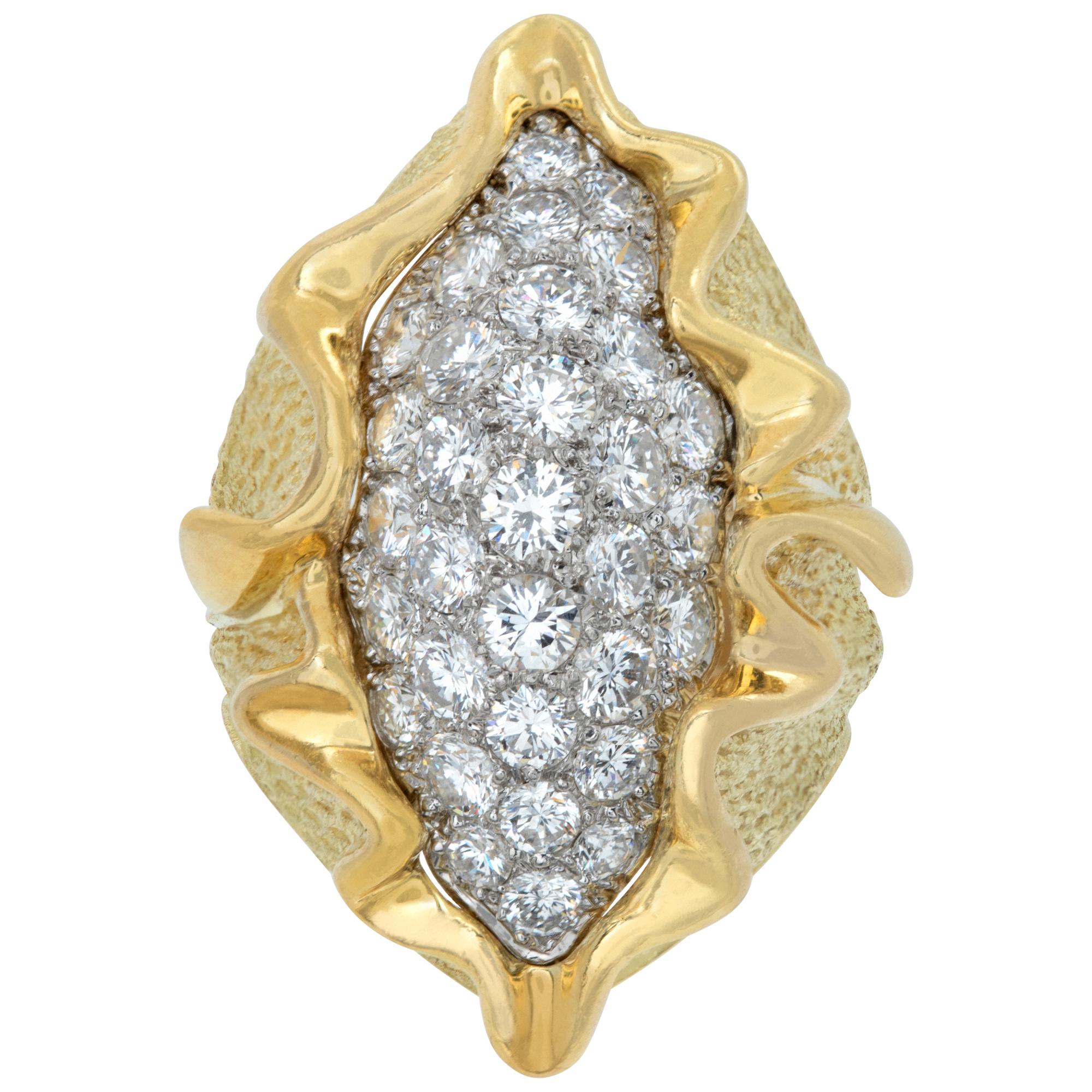 Wave ring with over 2.00 carats  round brilliant cut diamonds set in 18k yellow and white gold. High quality honeycomb gallery on inside. Customer states it was purchased at Piaget and the markings were removed while sizing. Comes with Piaget ring
